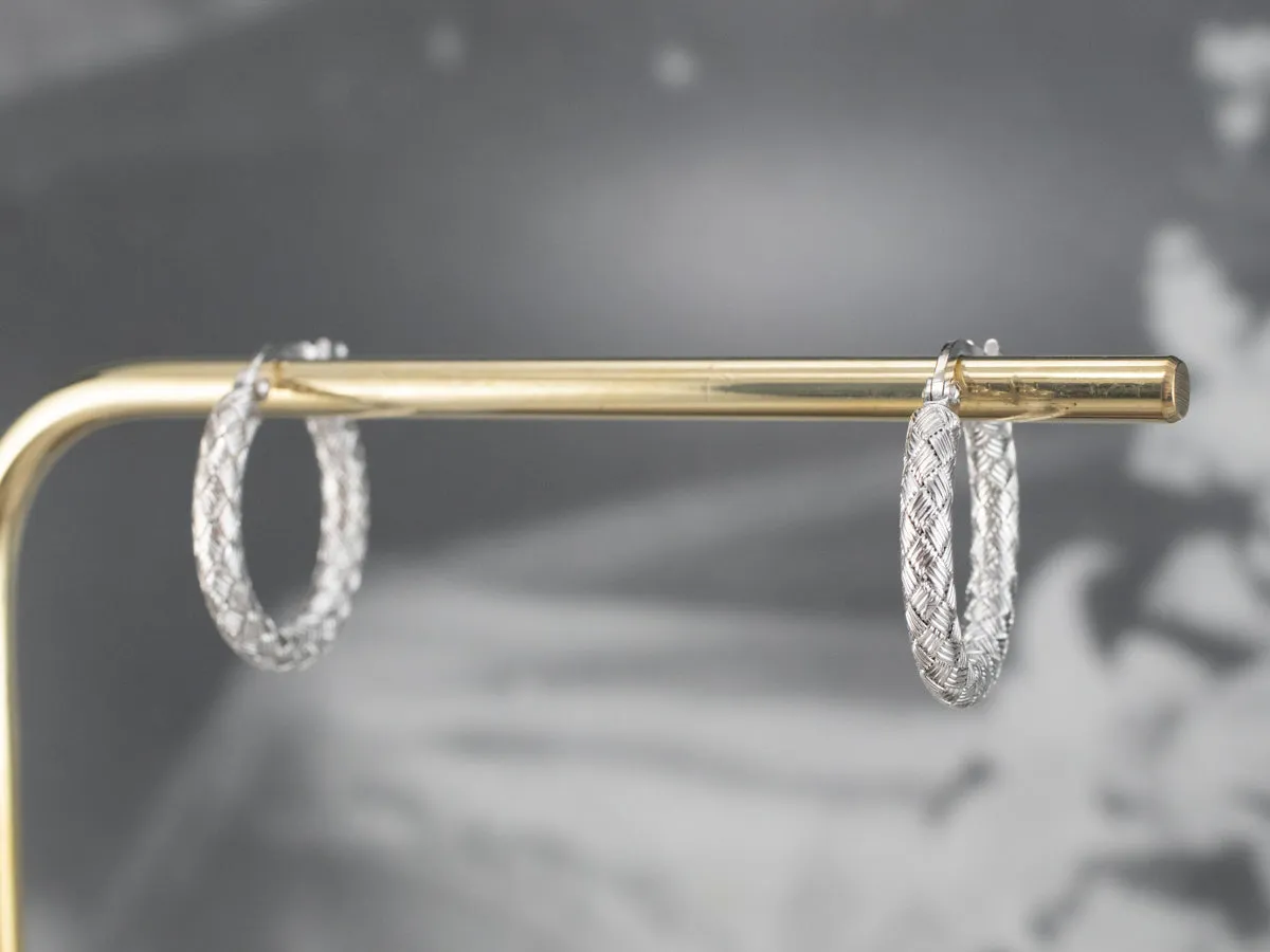 18K White Gold Woven Hoop Earrings