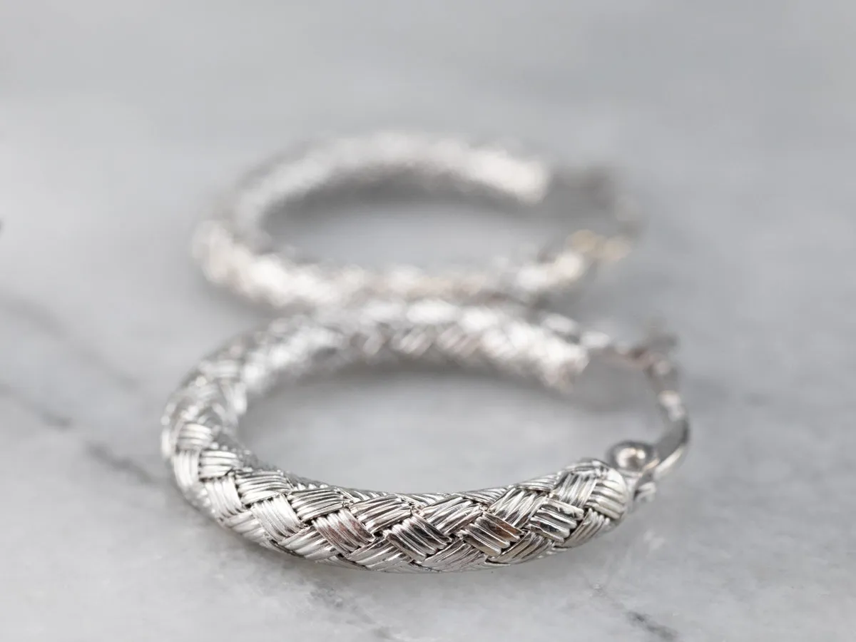 18K White Gold Woven Hoop Earrings