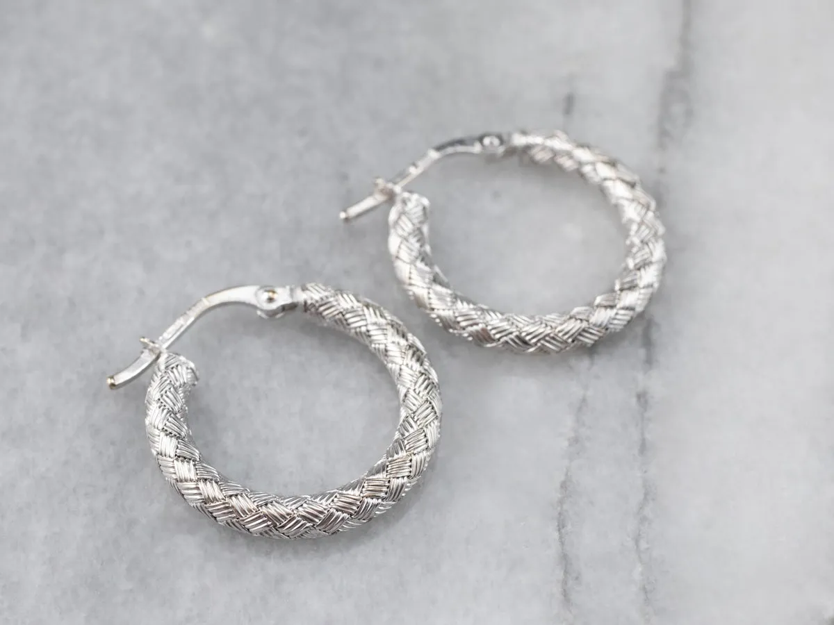 18K White Gold Woven Hoop Earrings