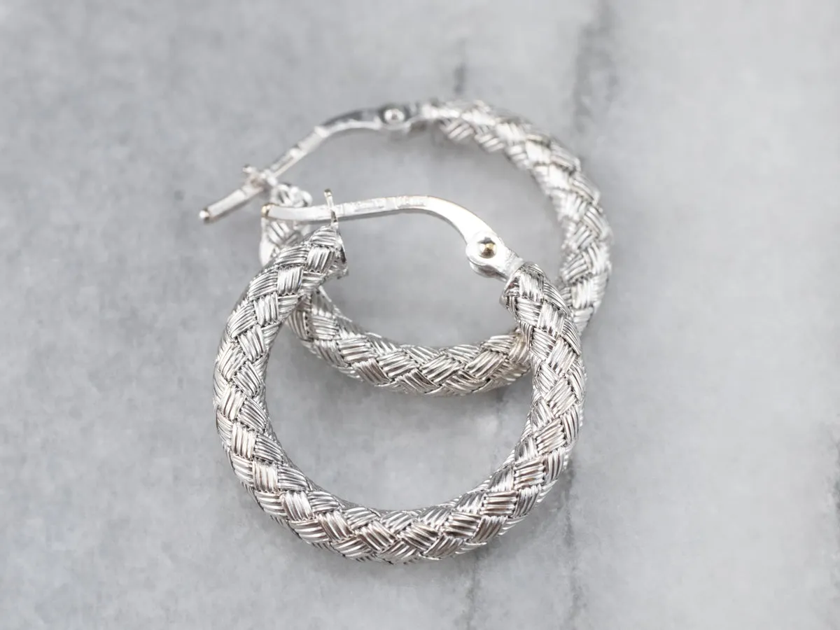 18K White Gold Woven Hoop Earrings