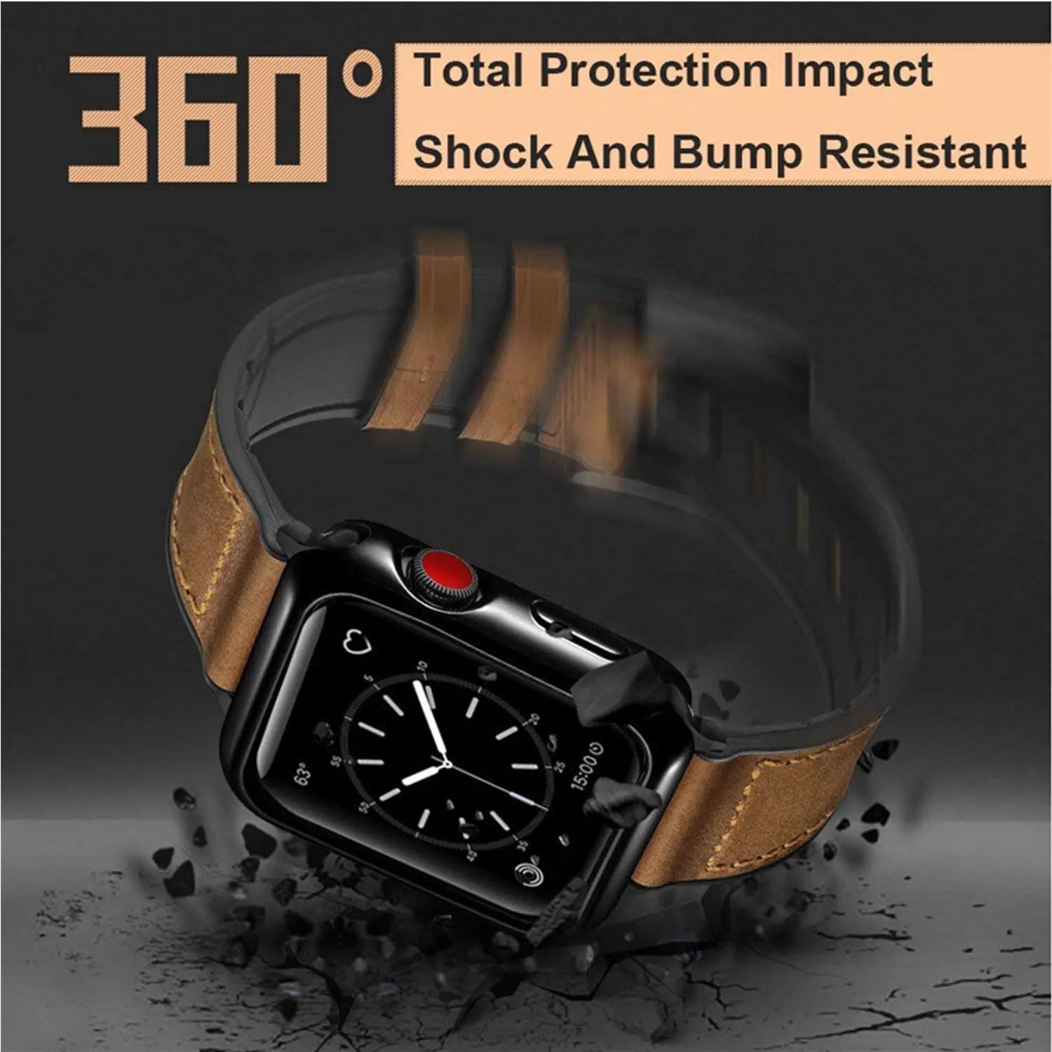 42mm Light Brown Leather Luxury Watchband And Protective Case Compatible For Use With The Apple Watch®