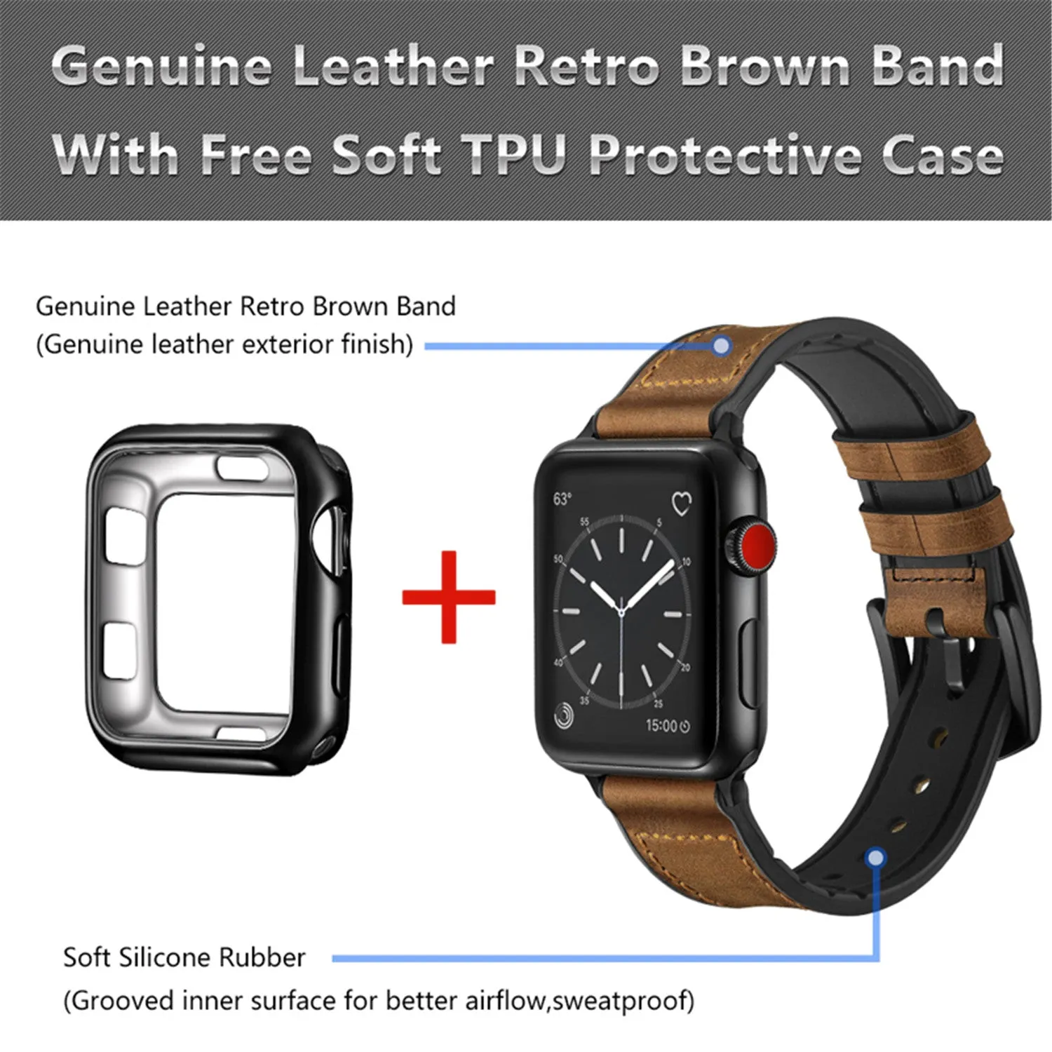 42mm Light Brown Leather Luxury Watchband And Protective Case Compatible For Use With The Apple Watch®