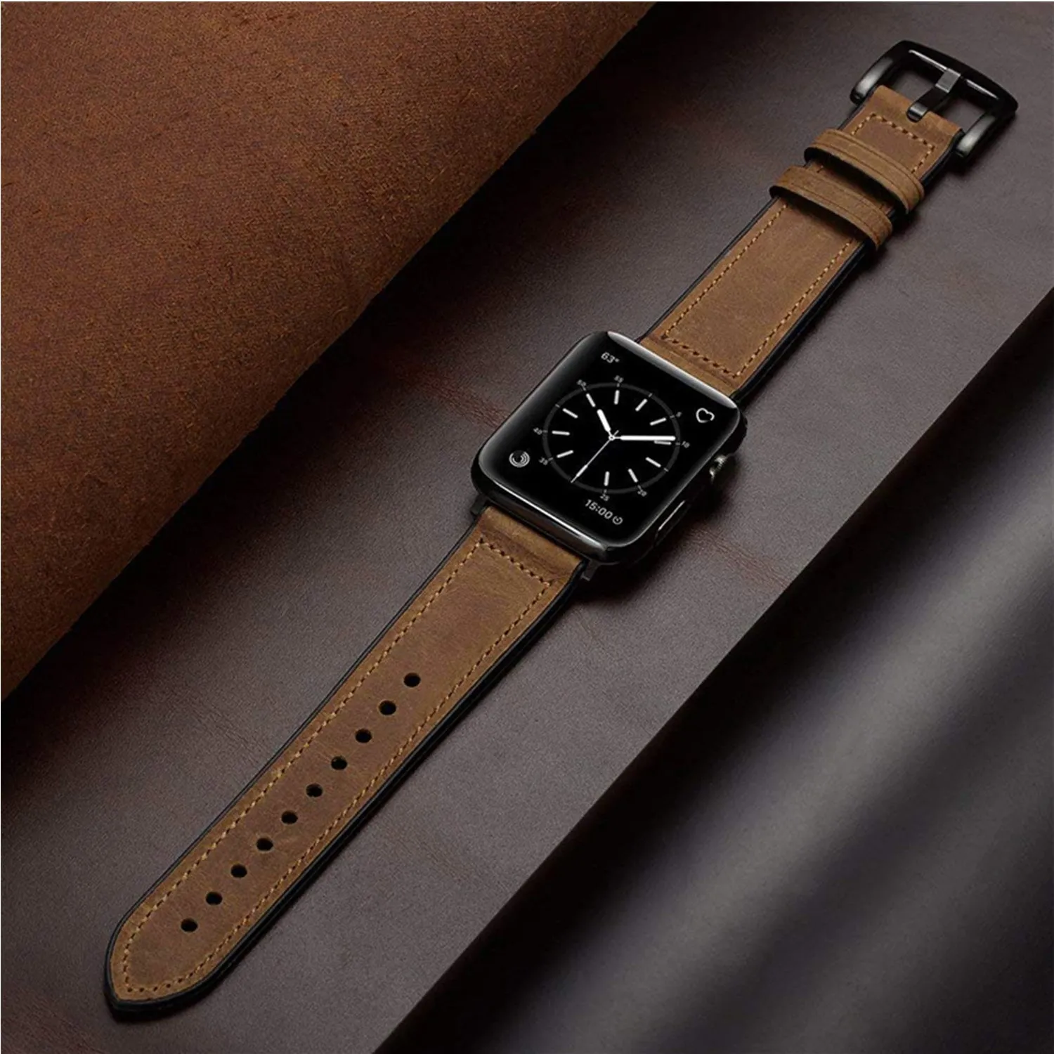 42mm Light Brown Leather Luxury Watchband And Protective Case Compatible For Use With The Apple Watch®