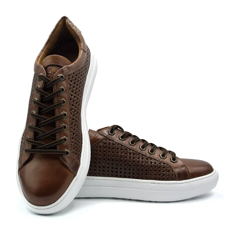 65-202-CGN VENTO Calfskin Side Weave & Embossed Crocodile Sneaker, Cognac