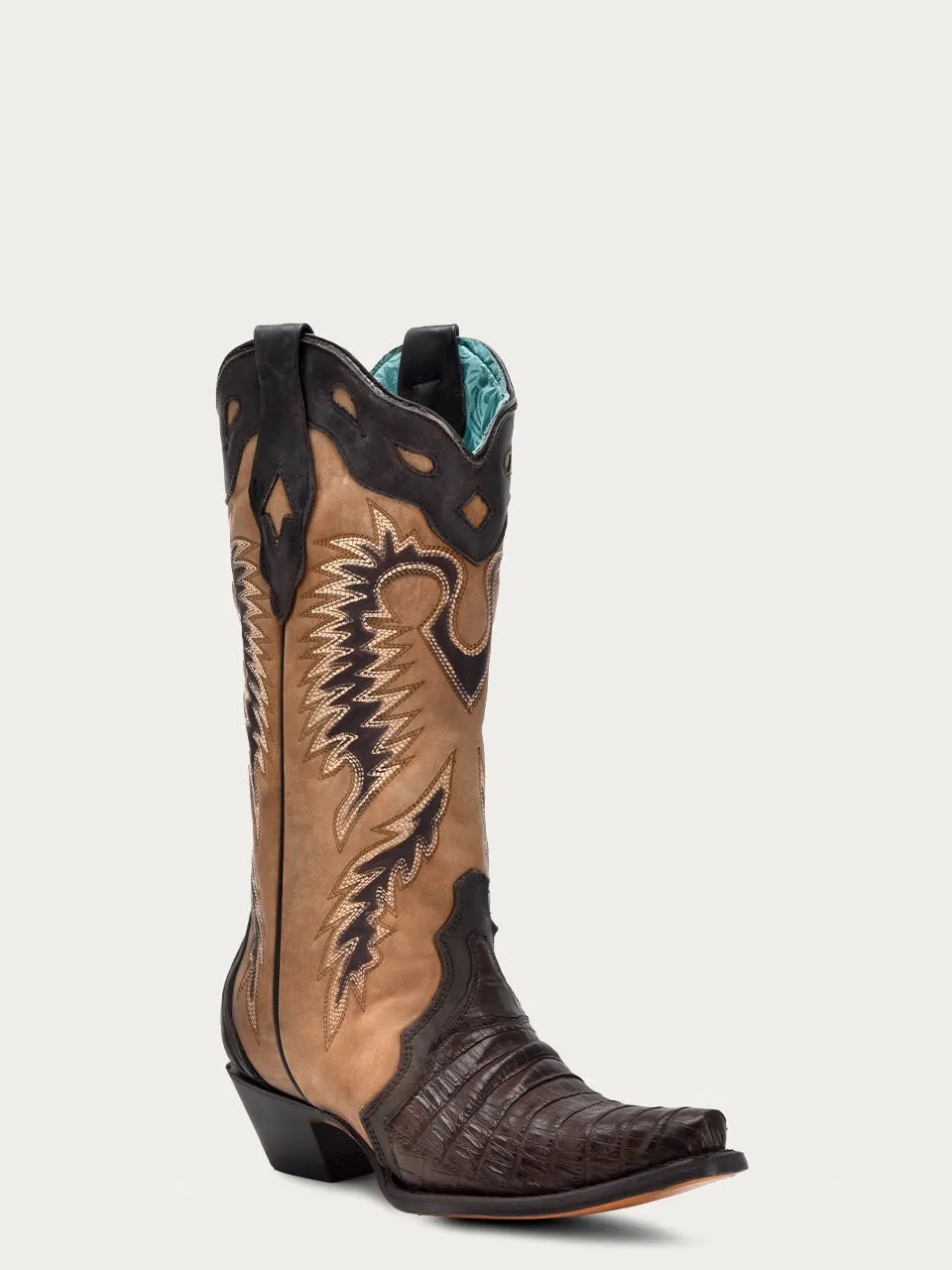 A4182 - WOMEN'S TAN EMBROIDERY BROWN CAIMAN VAMP SNIP TOE COWBOY BOOT