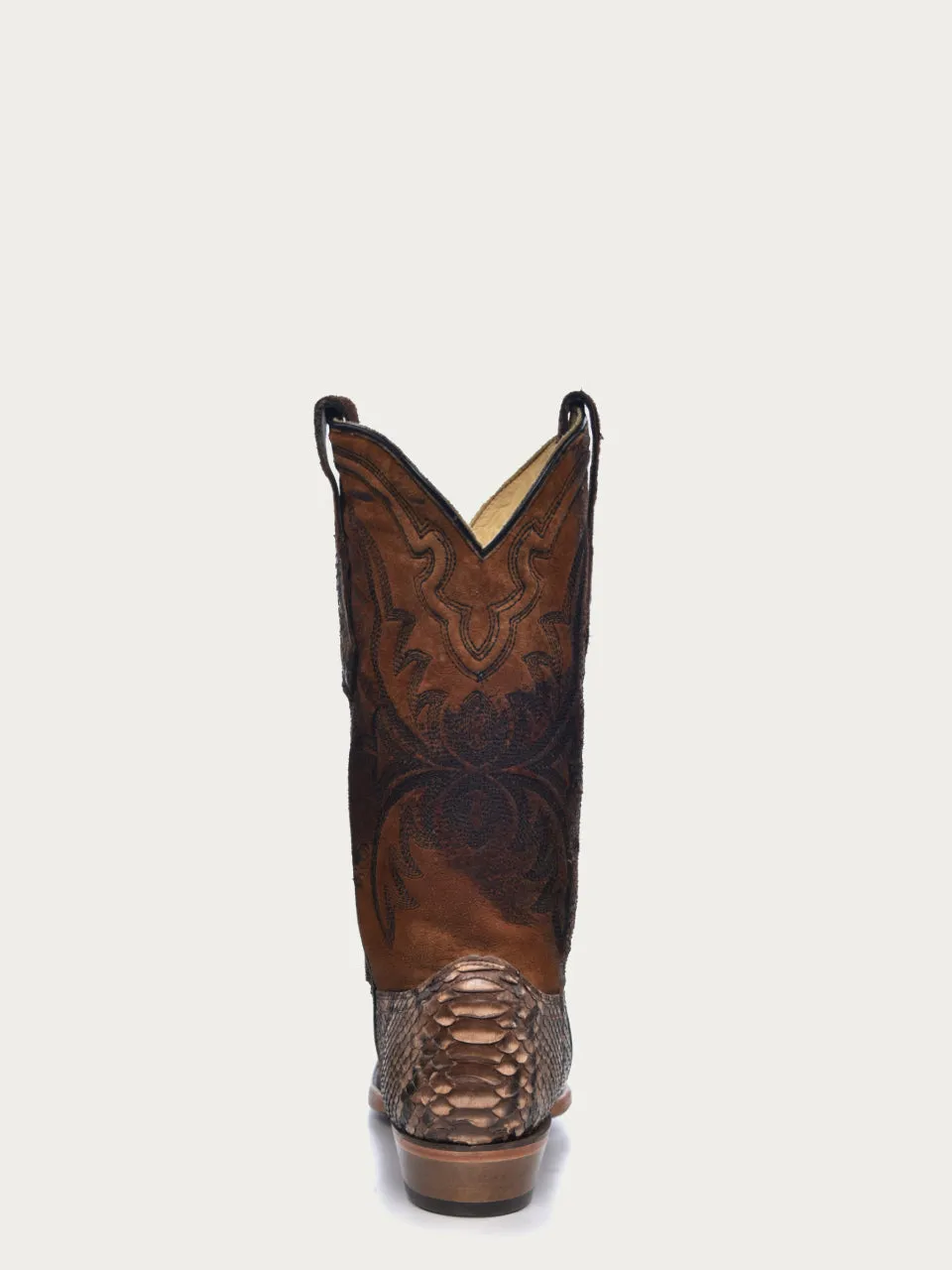 A4452 - MEN'S EMBROIDERY LAMB SHAFT GENUINE BROWN PYTHON VAMP SNIP TOE COWBOY BOOT