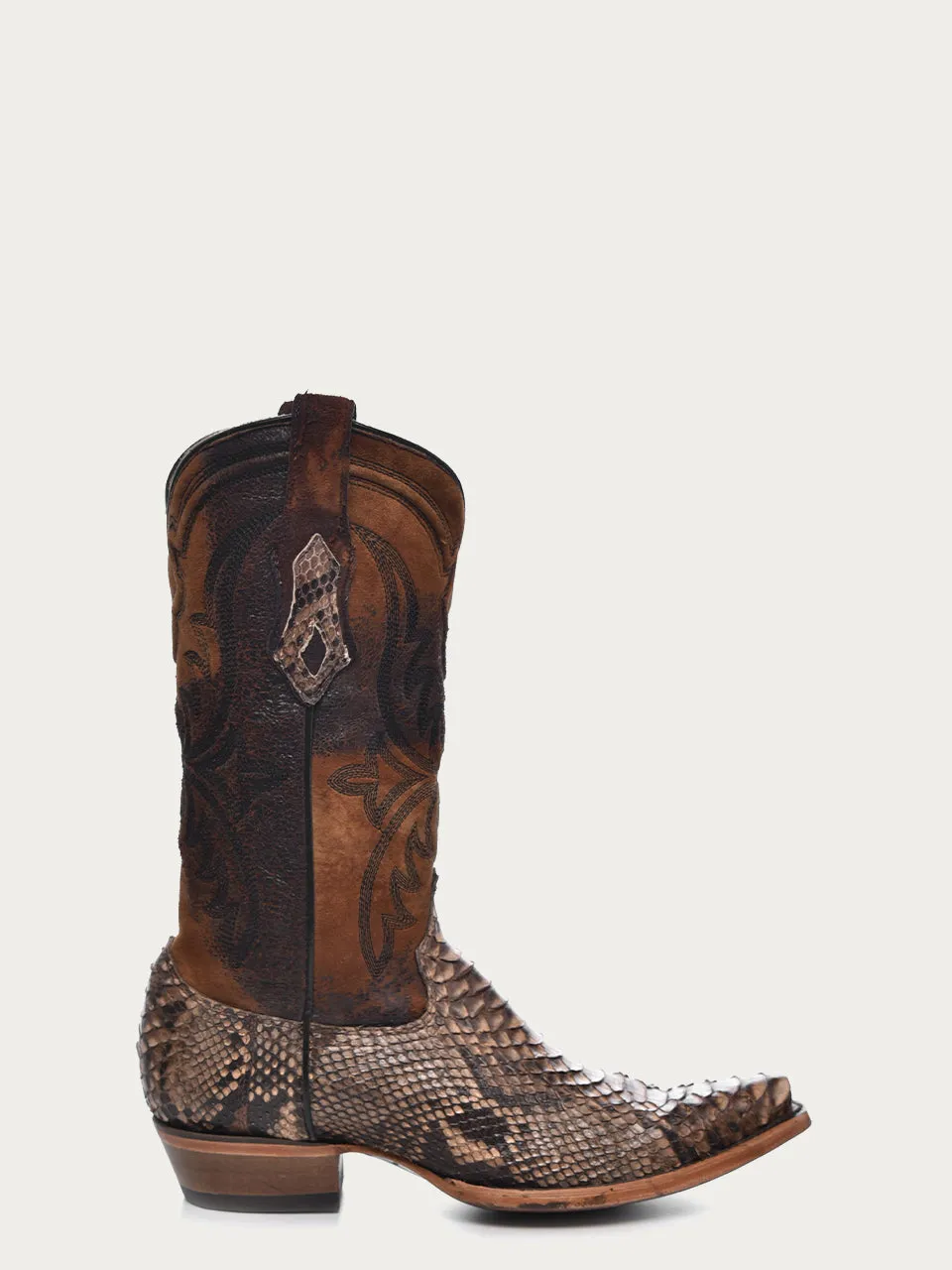 A4452 - MEN'S EMBROIDERY LAMB SHAFT GENUINE BROWN PYTHON VAMP SNIP TOE COWBOY BOOT