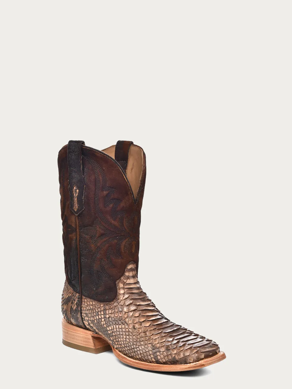 A4499 - MEN'S EMBROIDERY LAMB SHAFT GENUINE BROWN PYTHON VAMP WIDE SQUARE TOE COWBOY BOOT