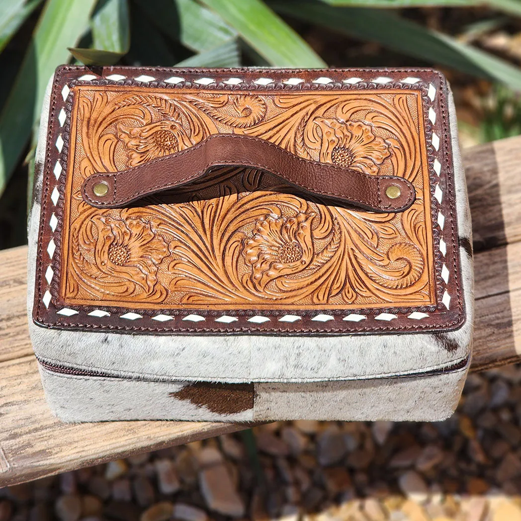 American Darling Cowhide & Tooled Leather Zip Up Jewelry Case