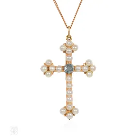 Antique aquamarine and pearl cross pendant