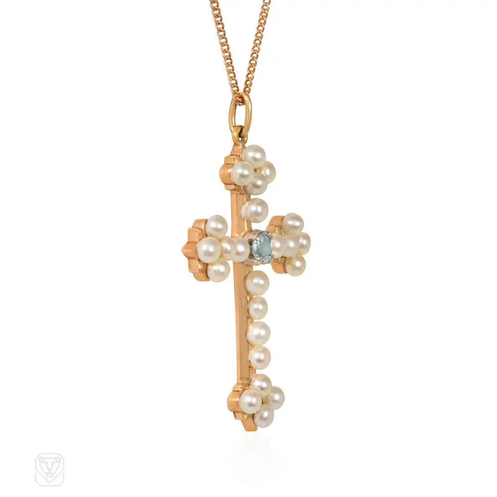 Antique aquamarine and pearl cross pendant