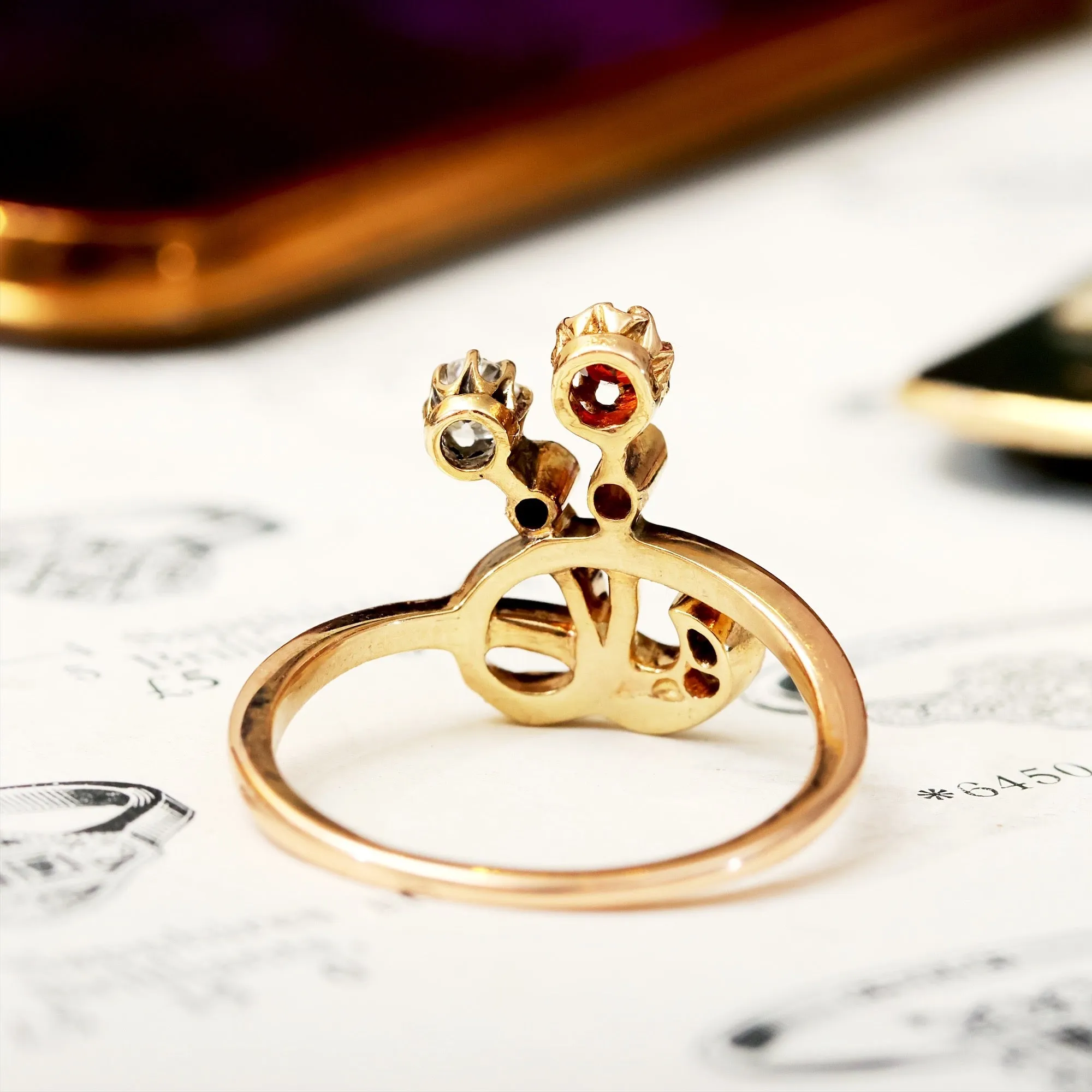 Antique Whimsy! Art Nouveau Diamond & Garnet Ring