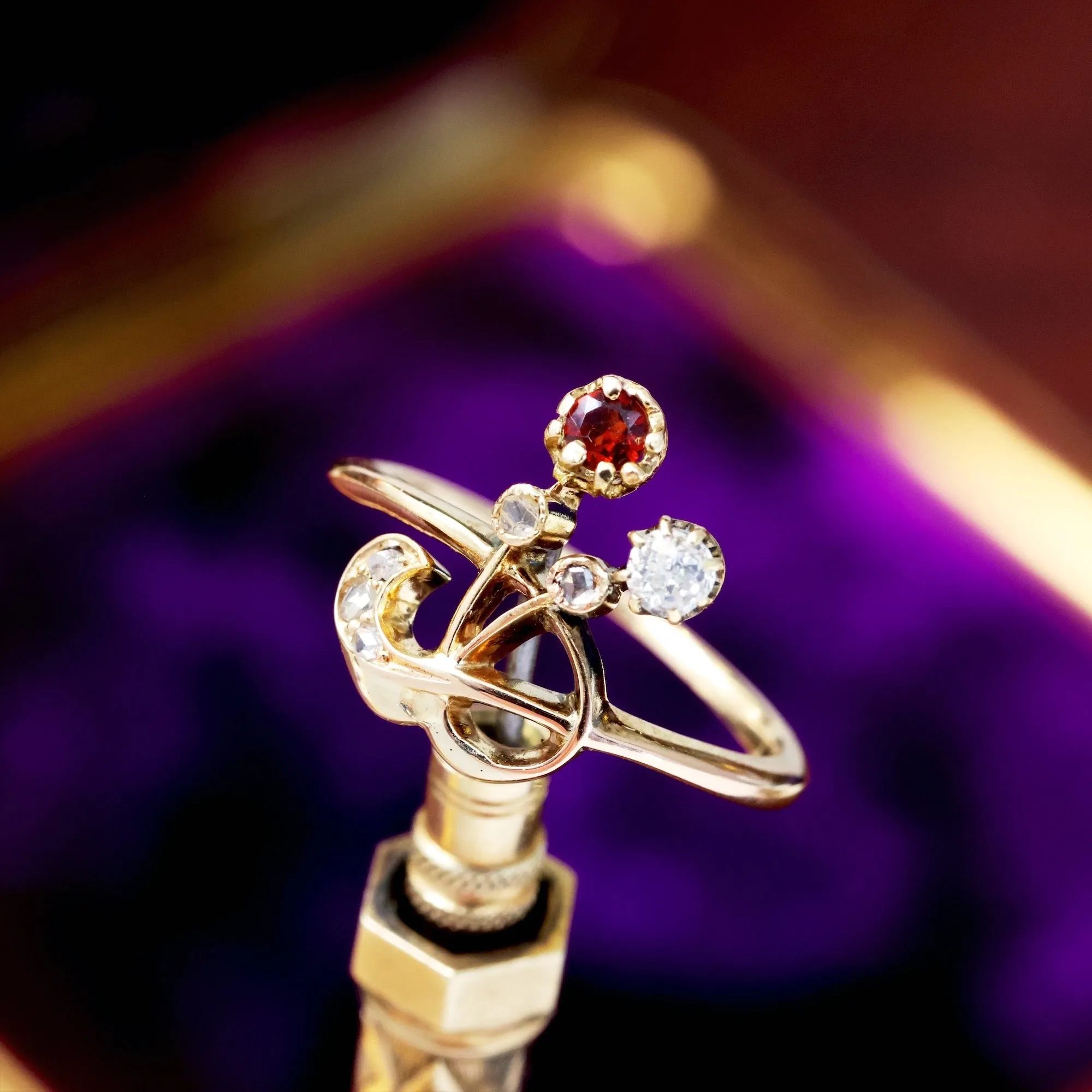 Antique Whimsy! Art Nouveau Diamond & Garnet Ring