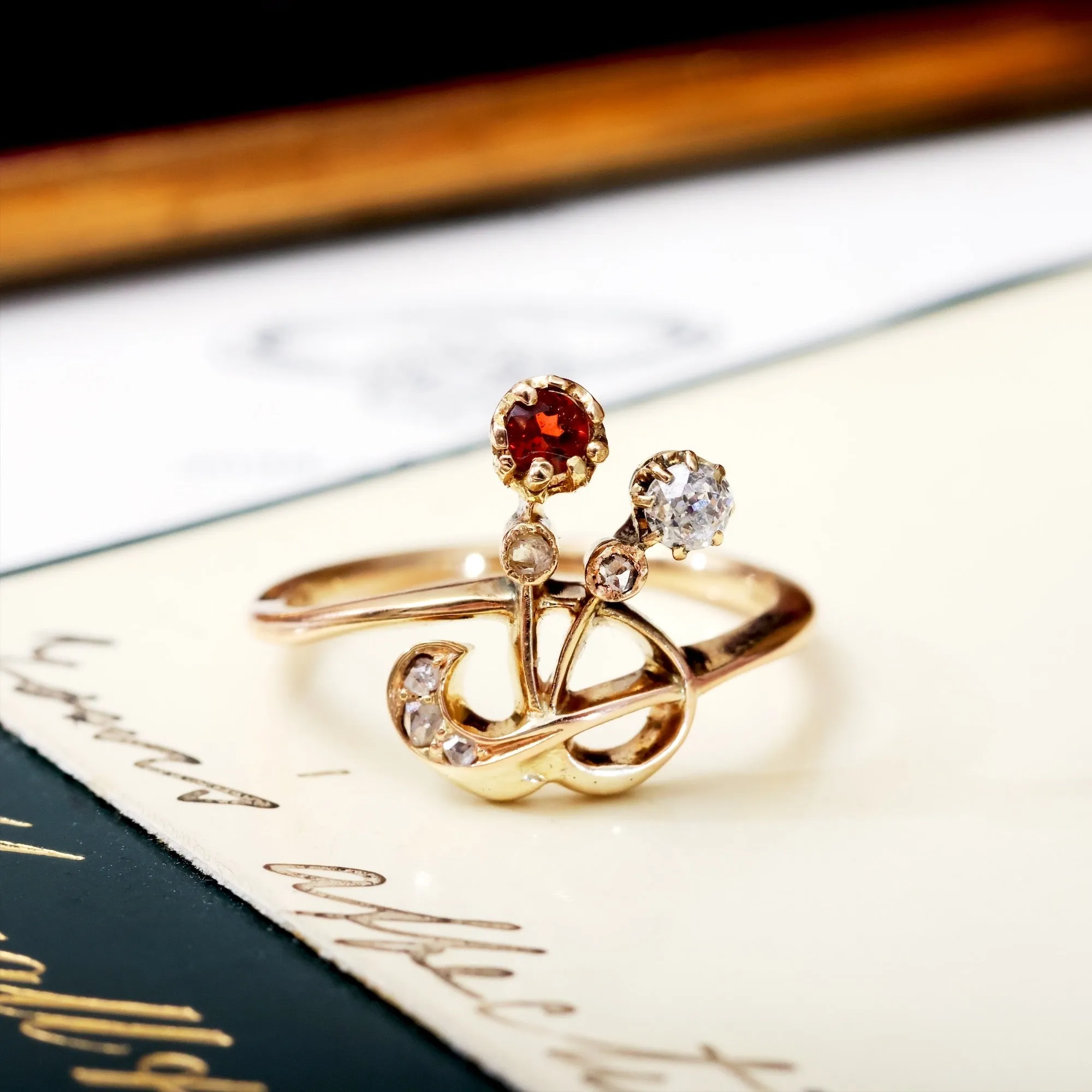 Antique Whimsy! Art Nouveau Diamond & Garnet Ring