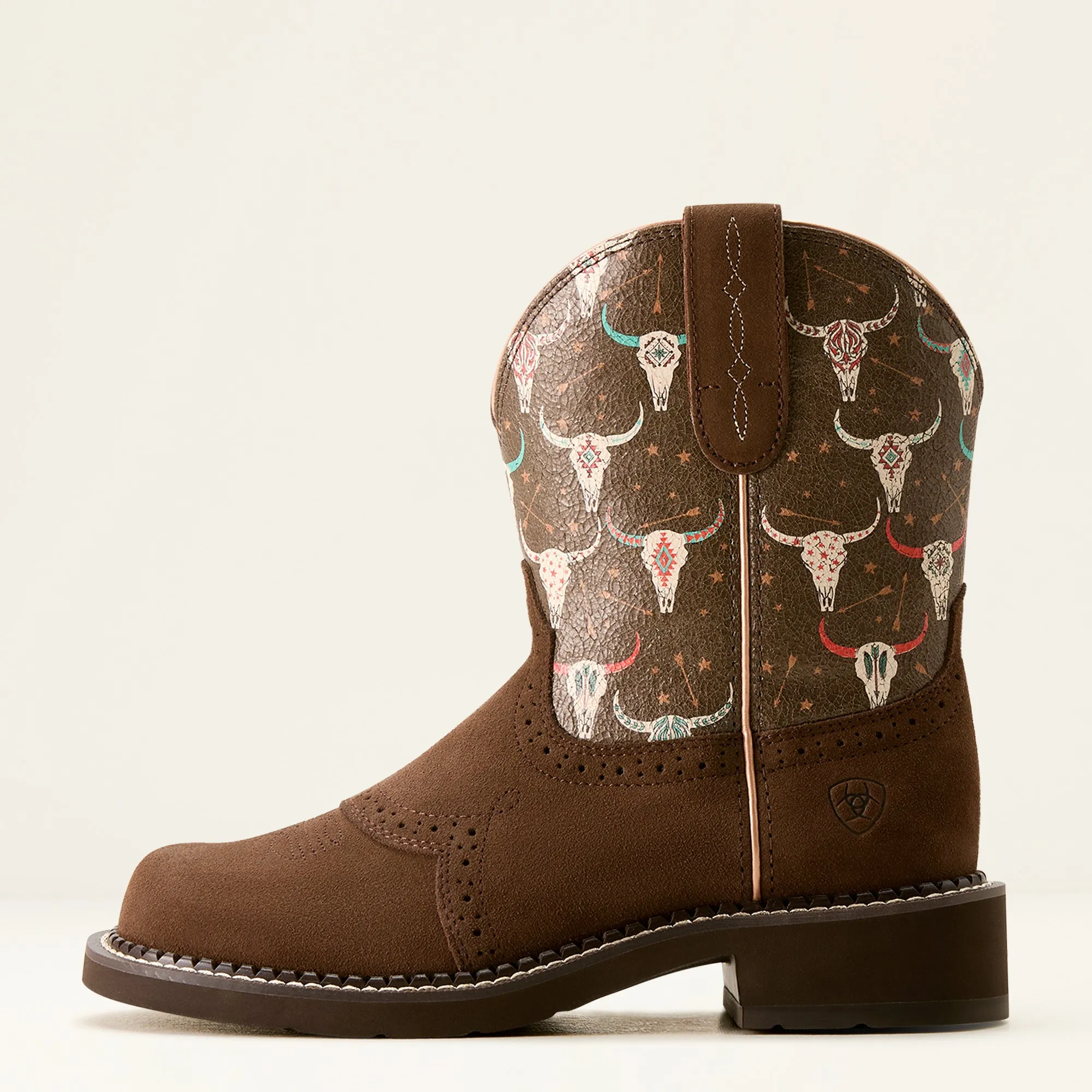 Ariat Ladies 10053635 Fatbaby Heritage Farrah Western Boots in Barley Brown with Buffalo Skull Detail