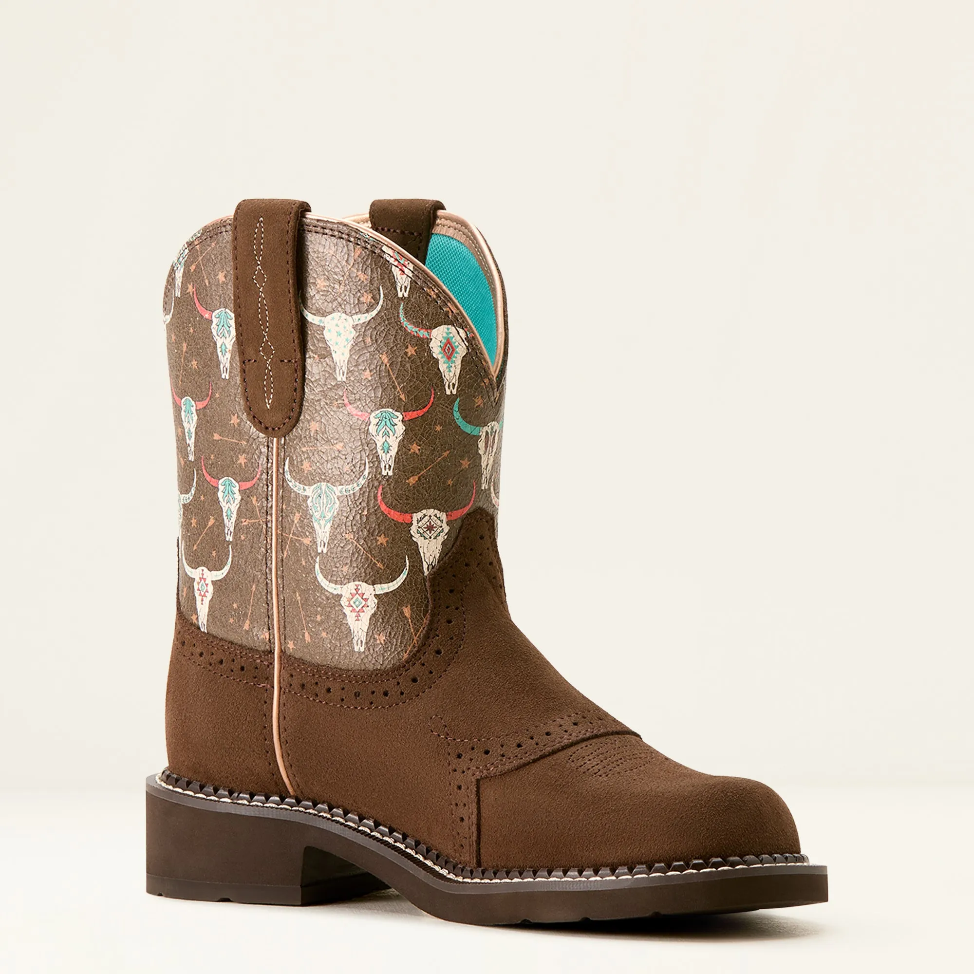 Ariat Ladies 10053635 Fatbaby Heritage Farrah Western Boots in Barley Brown with Buffalo Skull Detail