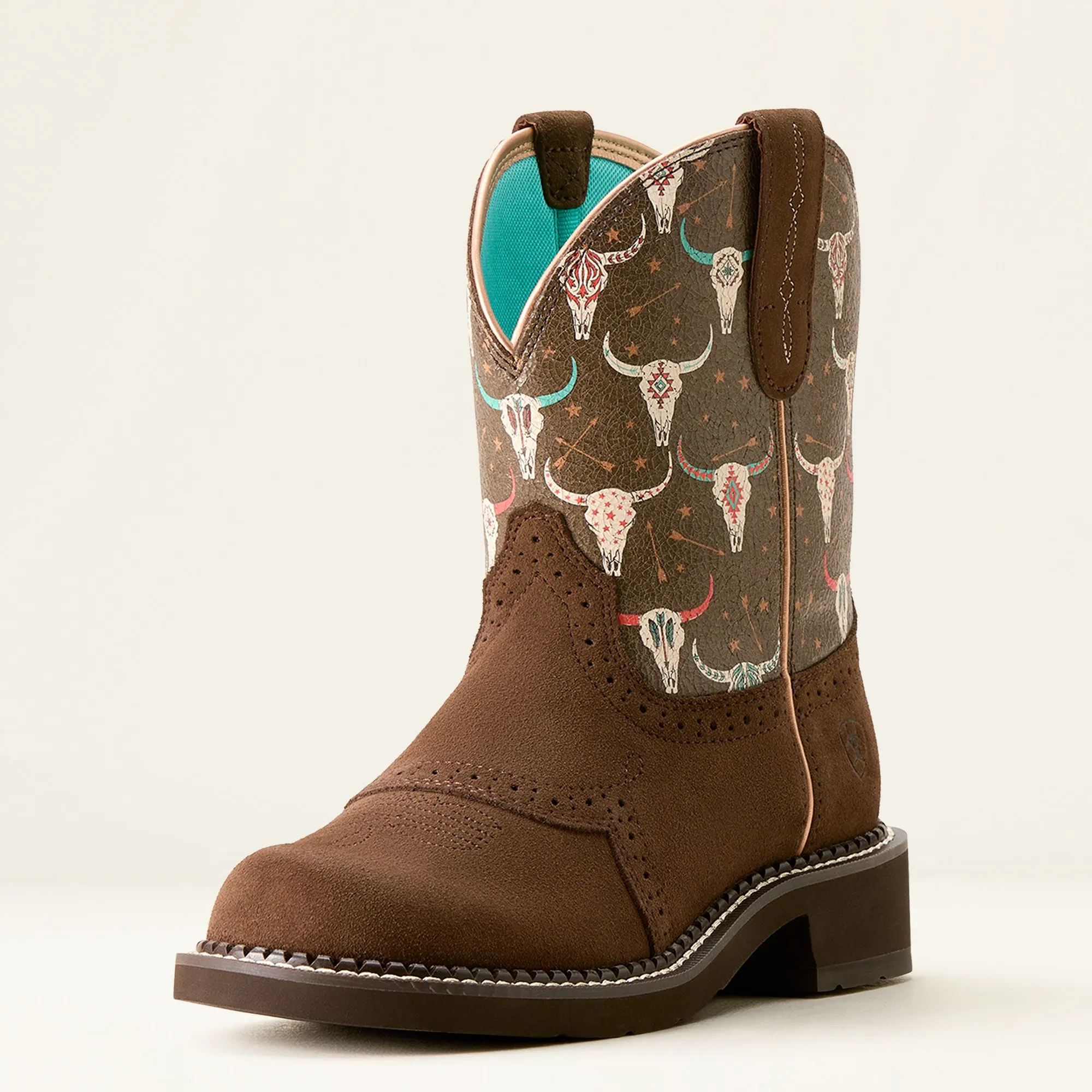 Ariat Ladies 10053635 Fatbaby Heritage Farrah Western Boots in Barley Brown with Buffalo Skull Detail