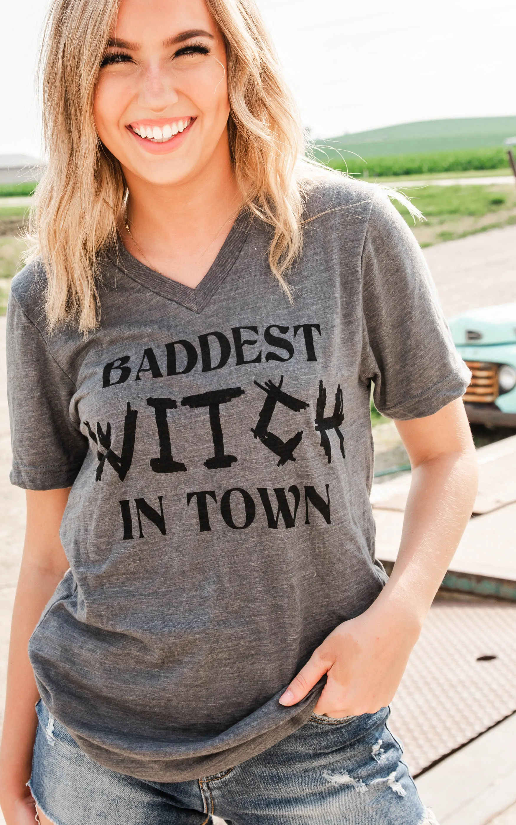 Baddest Witch in Town V-Neck Tee - Gray** - Final Sale