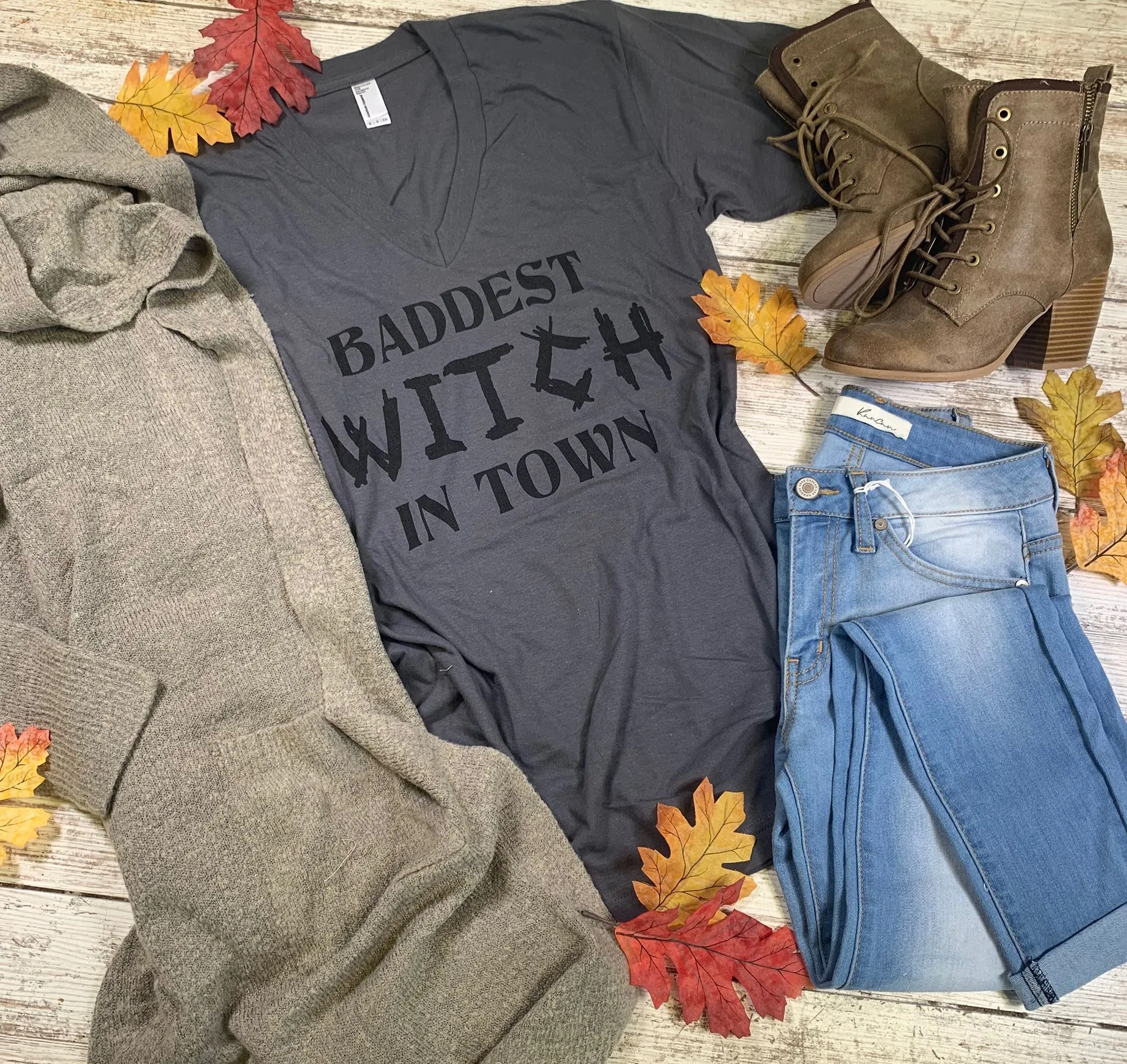 Baddest Witch in Town V-Neck Tee - Gray** - Final Sale