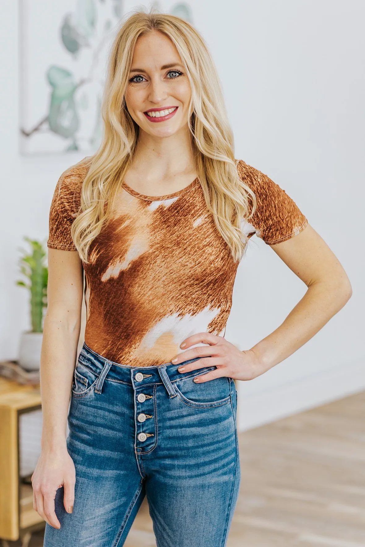 Beautiful Storm Cowhide Print Short Sleeve Bodysuit in Brown