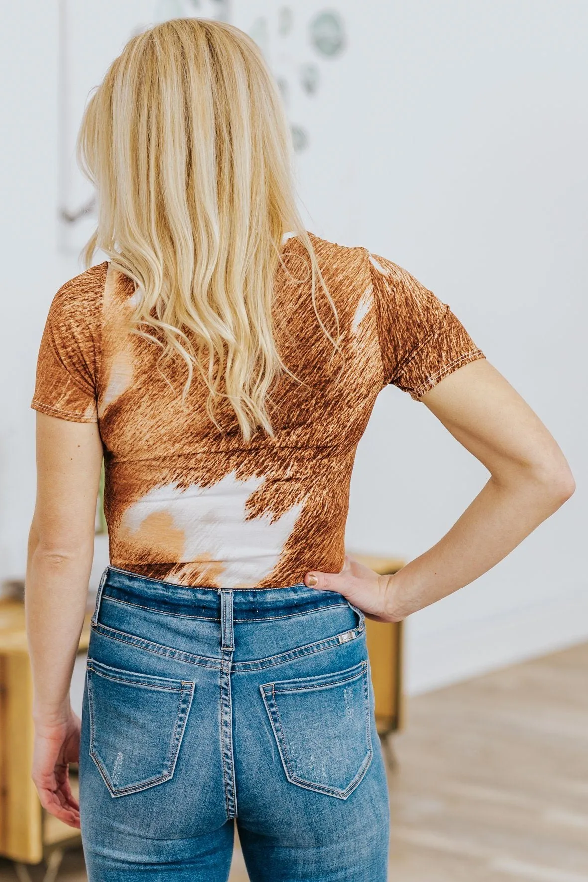 Beautiful Storm Cowhide Print Short Sleeve Bodysuit in Brown