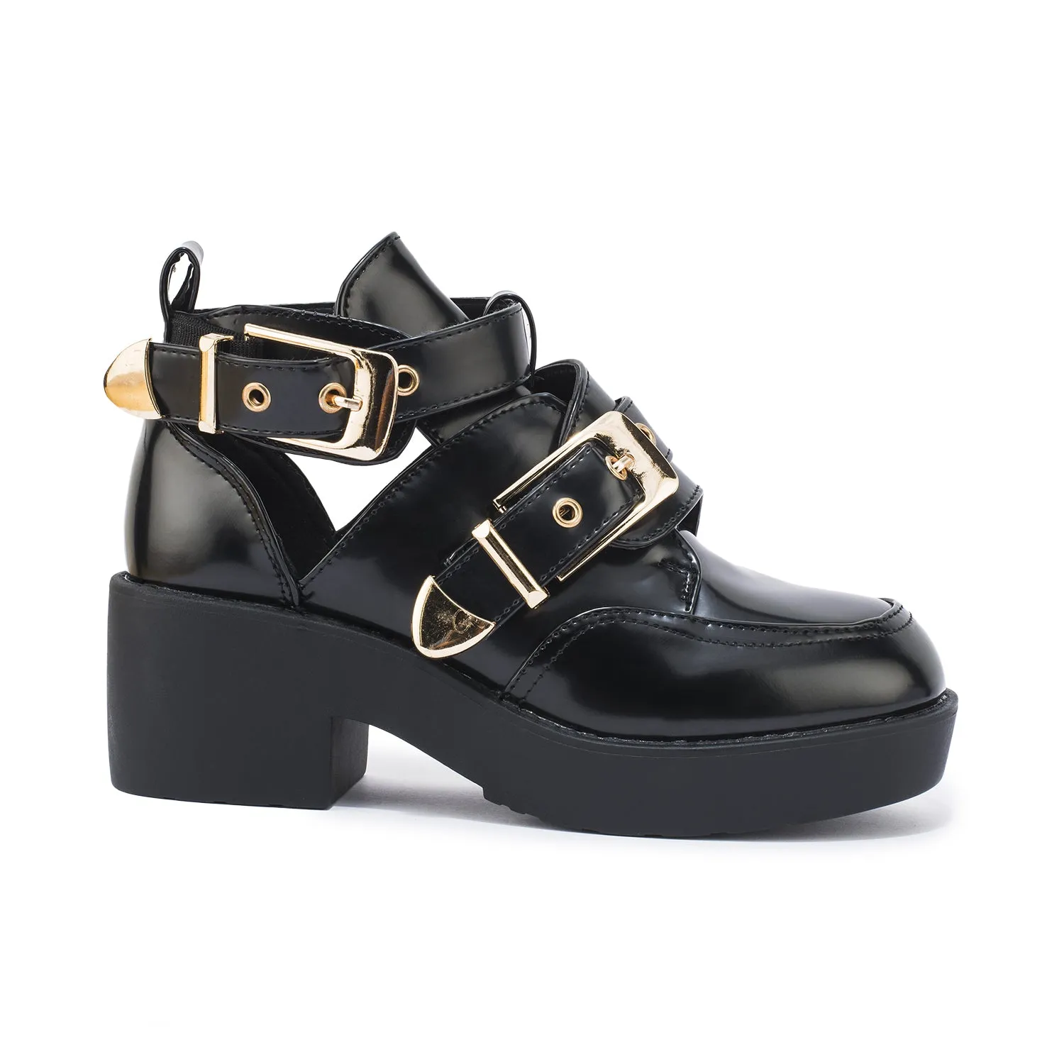 Black Hi-Shine Chunky Cut Out Anke Boots