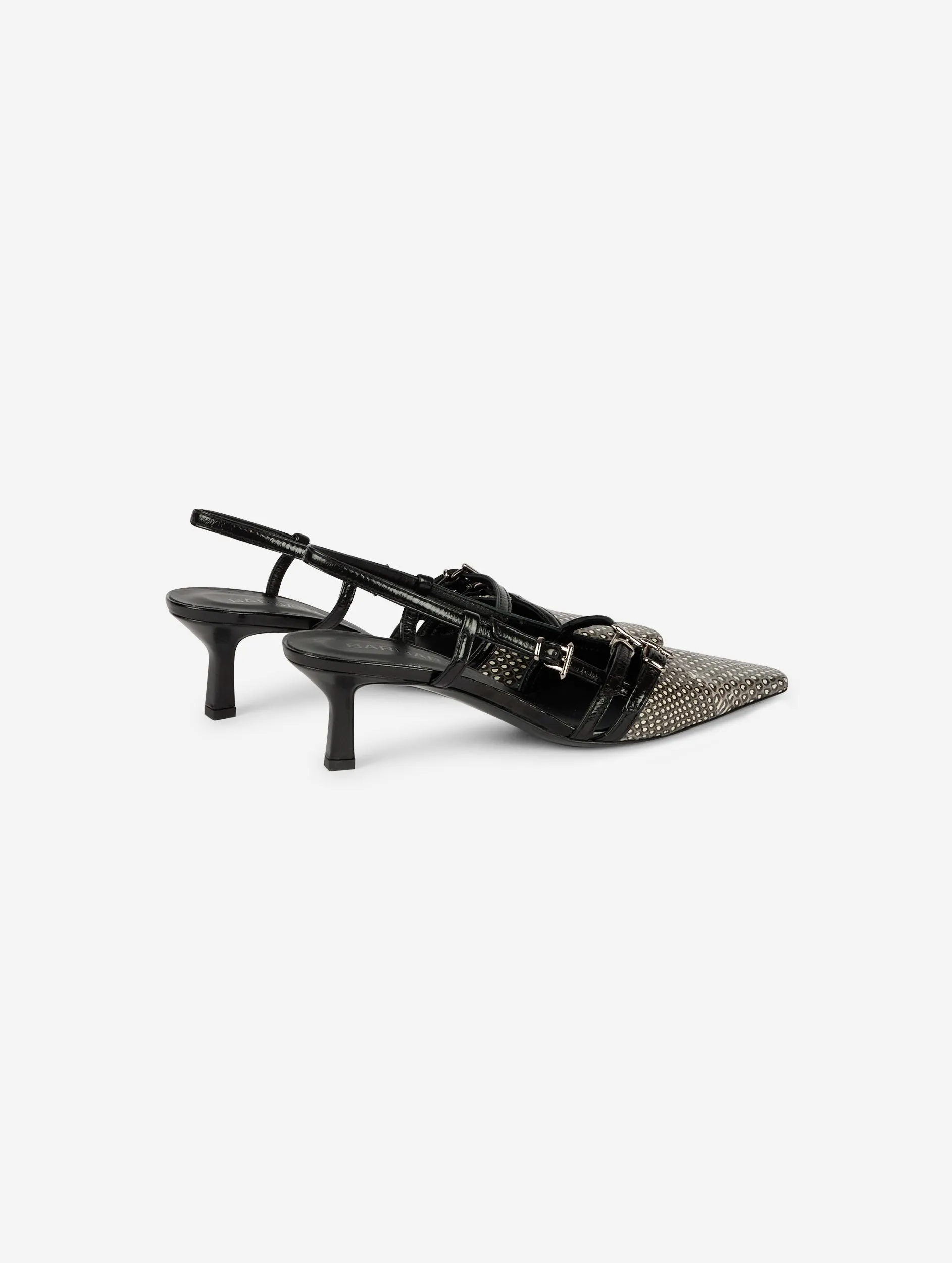 Black patent and ivory and black reptile slingback pumps