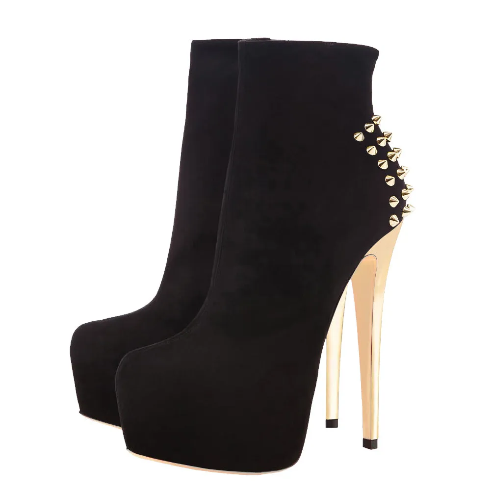 Black Suede Platform Golden Rivet Stiletto High Heel Ankle Boots