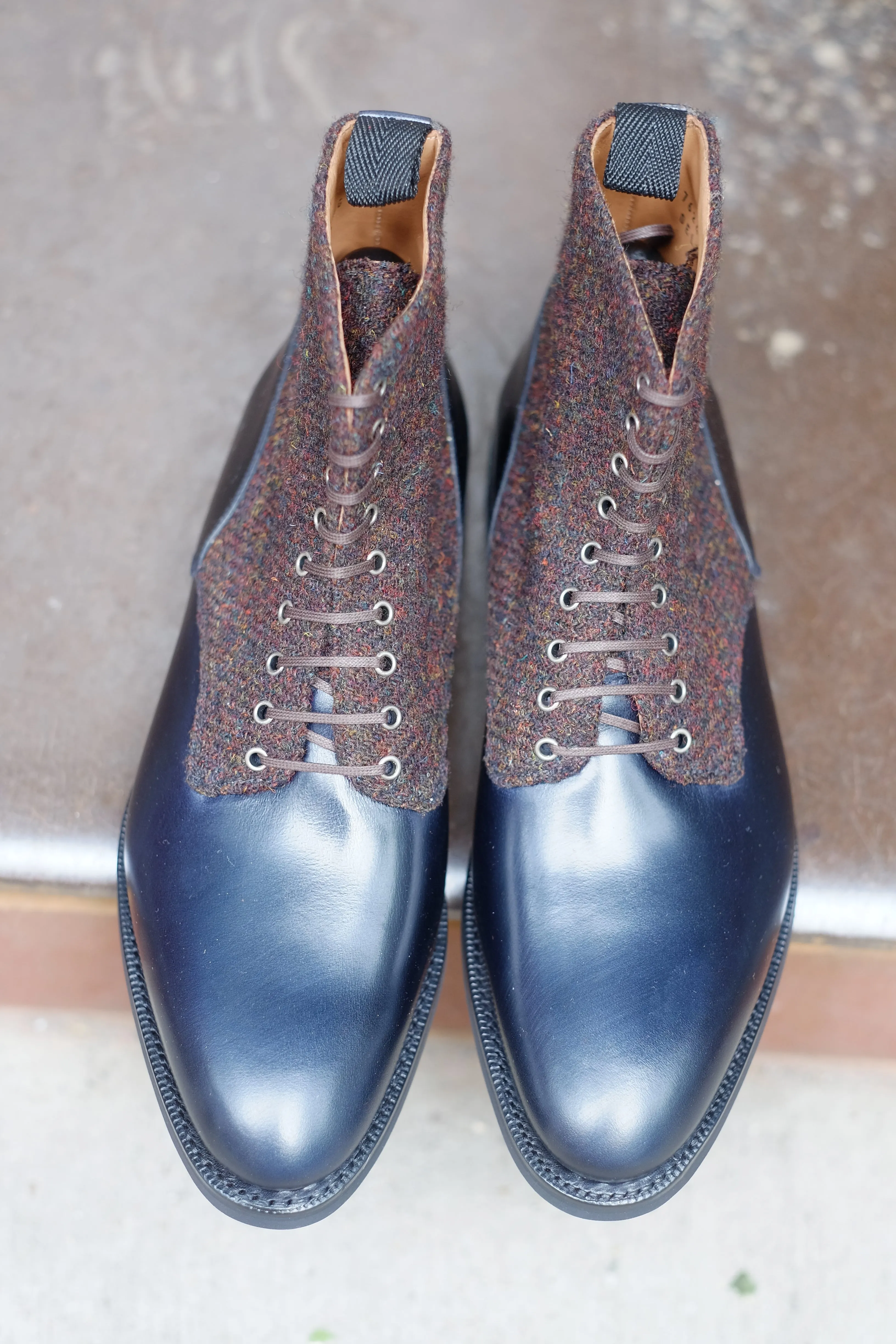 Blaine - MTO - Rugged Navy Calf / Burgundy Medley Tweed - Aged Silver Eyelets (No Speedhooks) - TMG Last - Rugged Rubber Sole