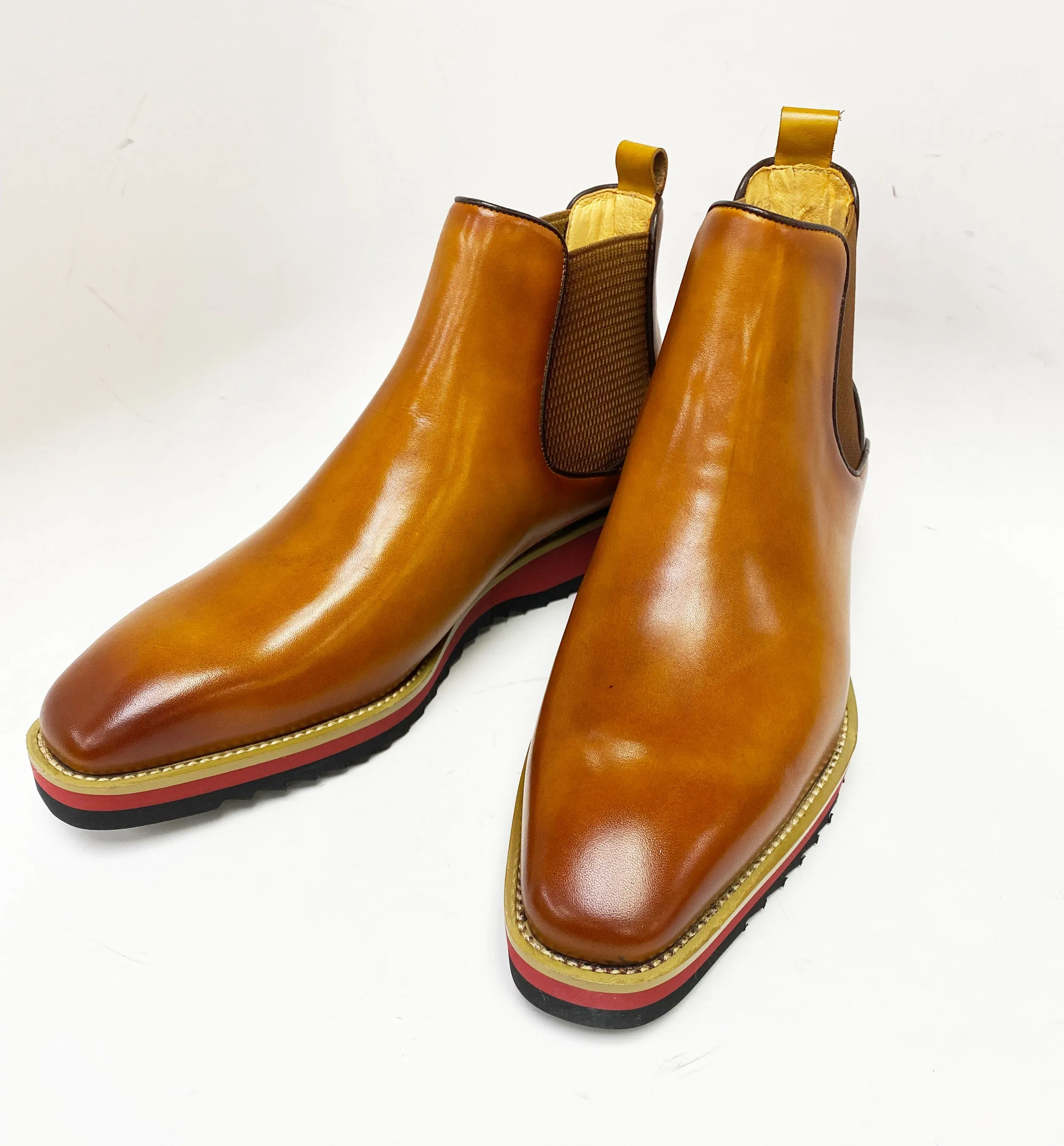 Burnished Calfskin Slip-On Boot Cognac/Red Sole