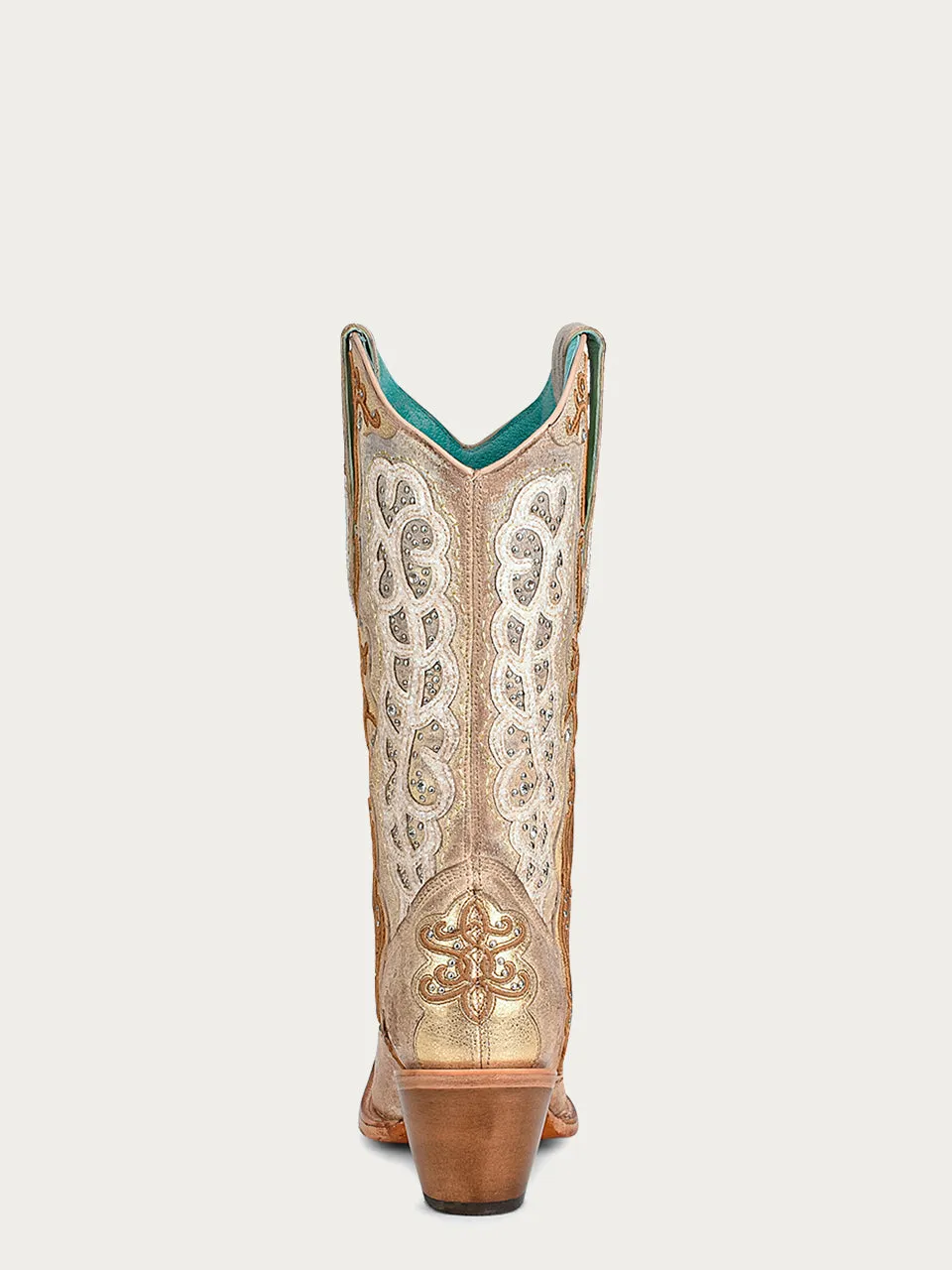 C3895 - WOMEN'S WHITE EMBROIDERY GOLDEN OVERLAY WITH CRYSTALS AND STUDS SNIP TOE COWBOY BOOT