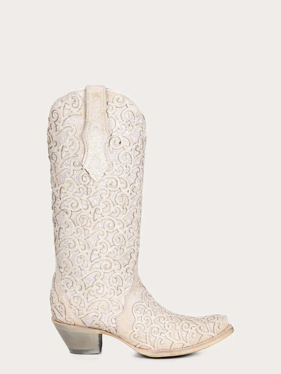 C4050 - WOMEN'S WHITE GLITTER OVERLAY AND EMBROIDERY TRIAD SNIP TOE COWBOY BOOT