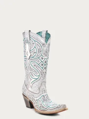 C4055 - WOMEN'S TURQUOISE EMBROIDERY OVERLAY WITH CRYSTAL NEON BLACK LIGHT SNIP TOE COWBOY BOOTS