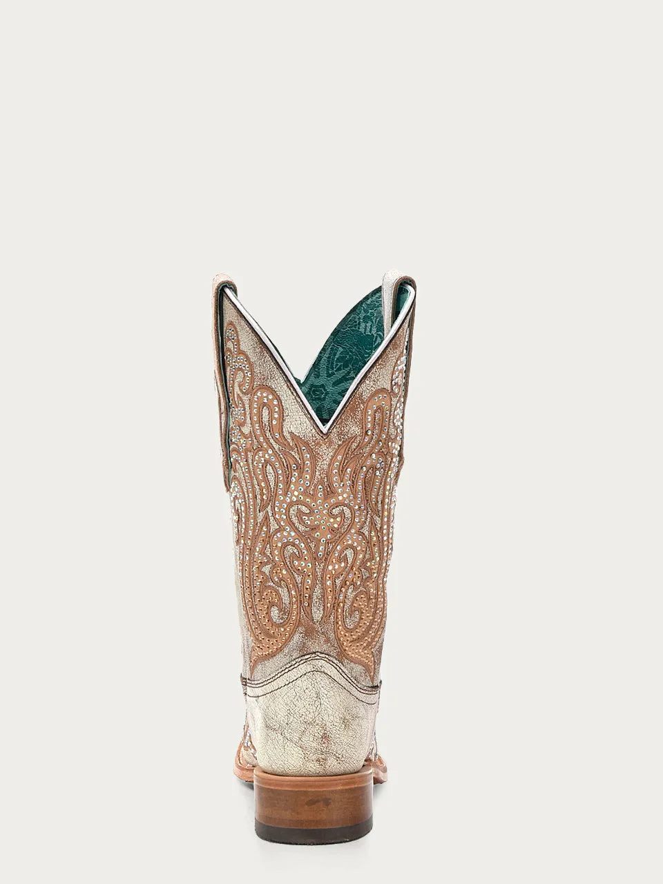 C4094 - WOMEN'S DISTRESSED WHITE WITH HONEY EMBROIDERY AND CRYSTALS SQUARE TOE COWBOY BOOT