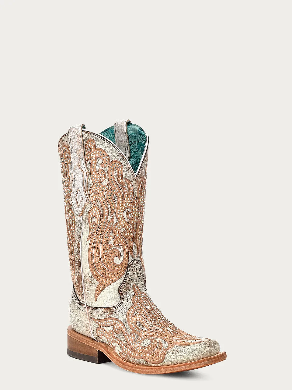 C4094 - WOMEN'S DISTRESSED WHITE WITH HONEY EMBROIDERY AND CRYSTALS SQUARE TOE COWBOY BOOT