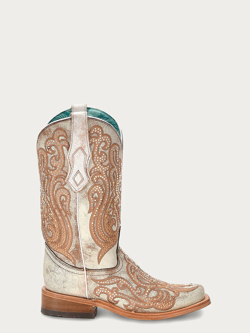 C4094 - WOMEN'S DISTRESSED WHITE WITH HONEY EMBROIDERY AND CRYSTALS SQUARE TOE COWBOY BOOT