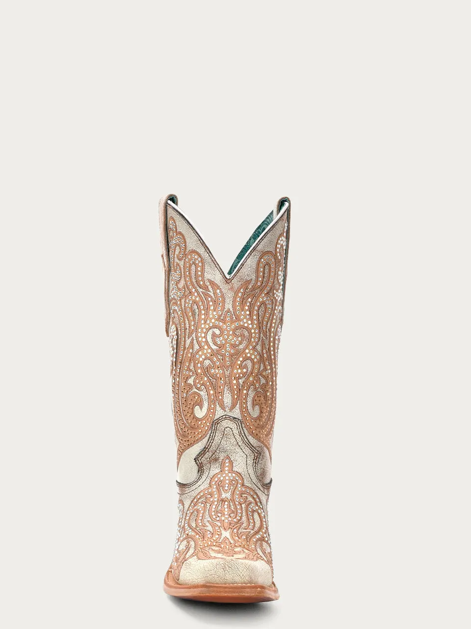 C4094 - WOMEN'S DISTRESSED WHITE WITH HONEY EMBROIDERY AND CRYSTALS SQUARE TOE COWBOY BOOT