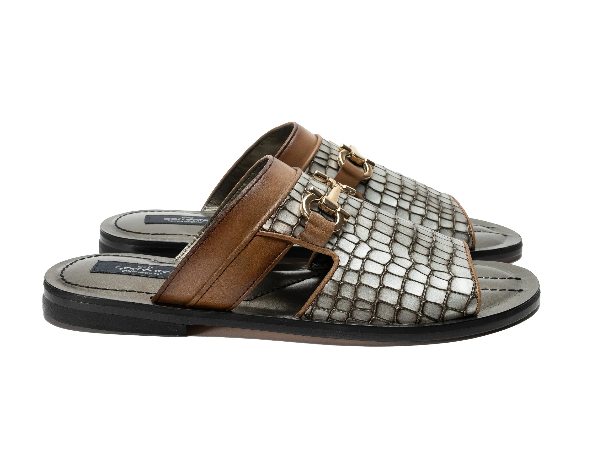 Corrente Crocodile Printed Calfskin Sandal Silver