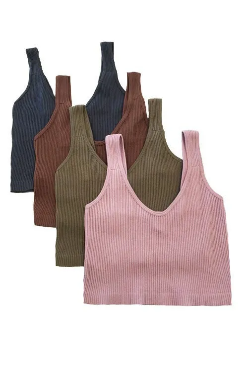 Cropped Ribbed Knit V-Neck Tank Wide Straps