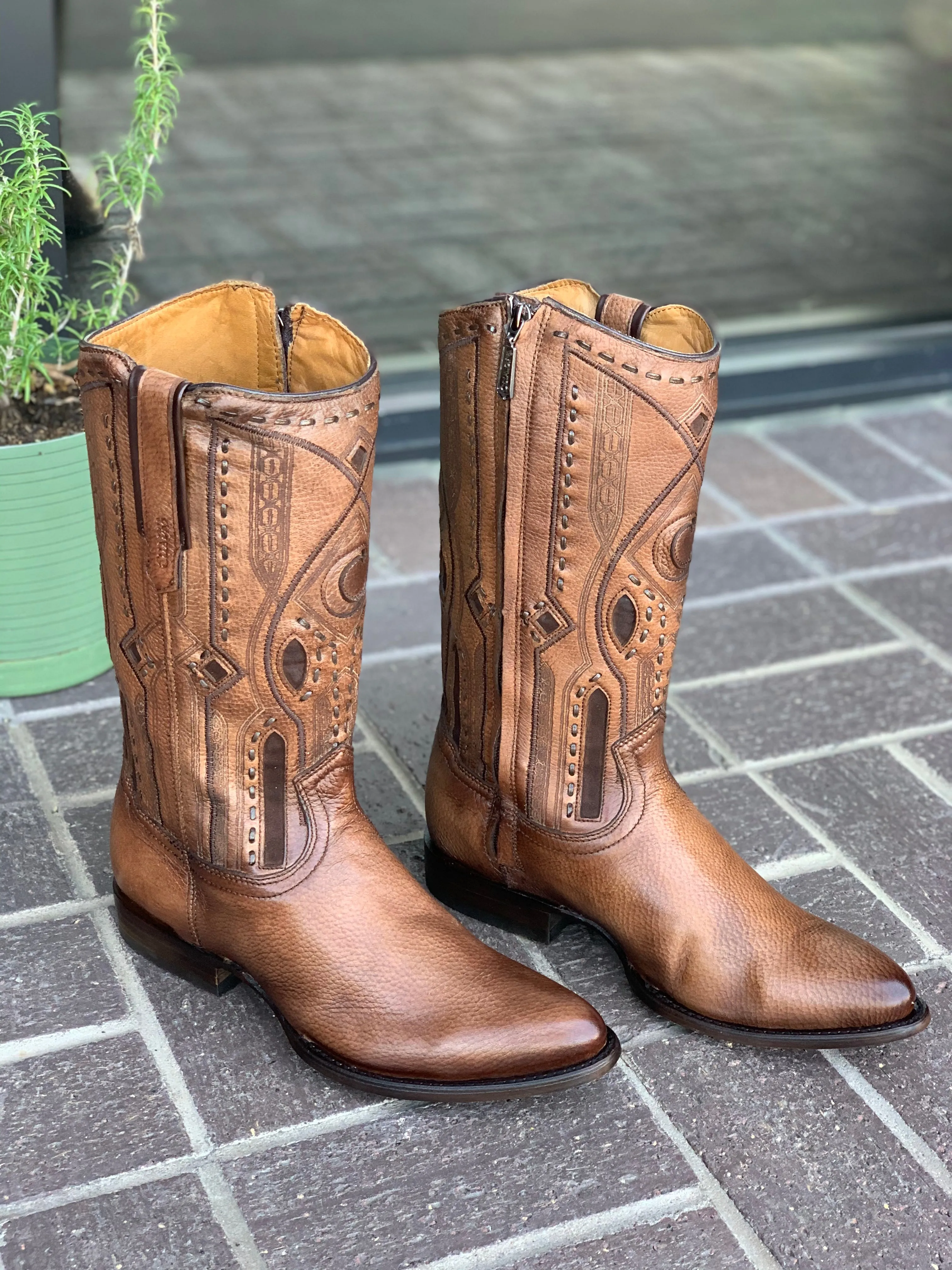 Cuadra Almond Deer With Side Zipper Semi Oval Toe Cowboy Boots