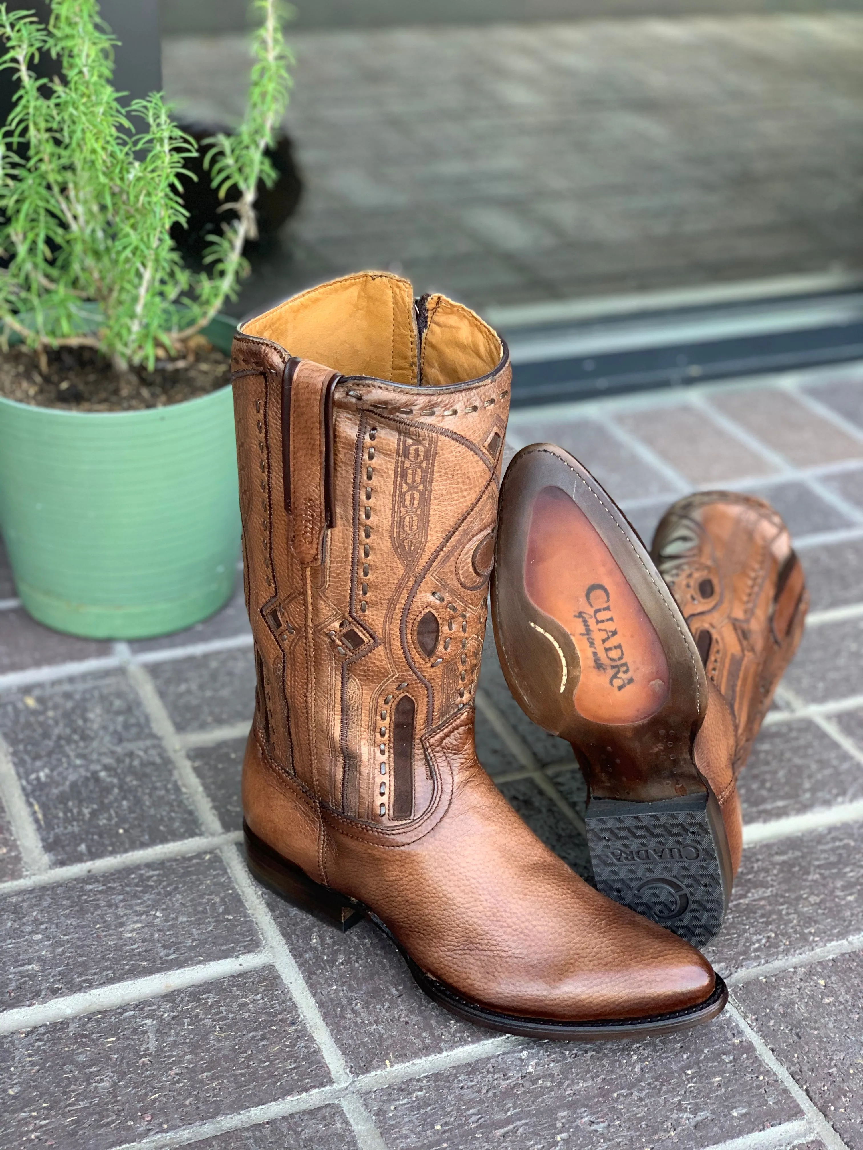 Cuadra Almond Deer With Side Zipper Semi Oval Toe Cowboy Boots