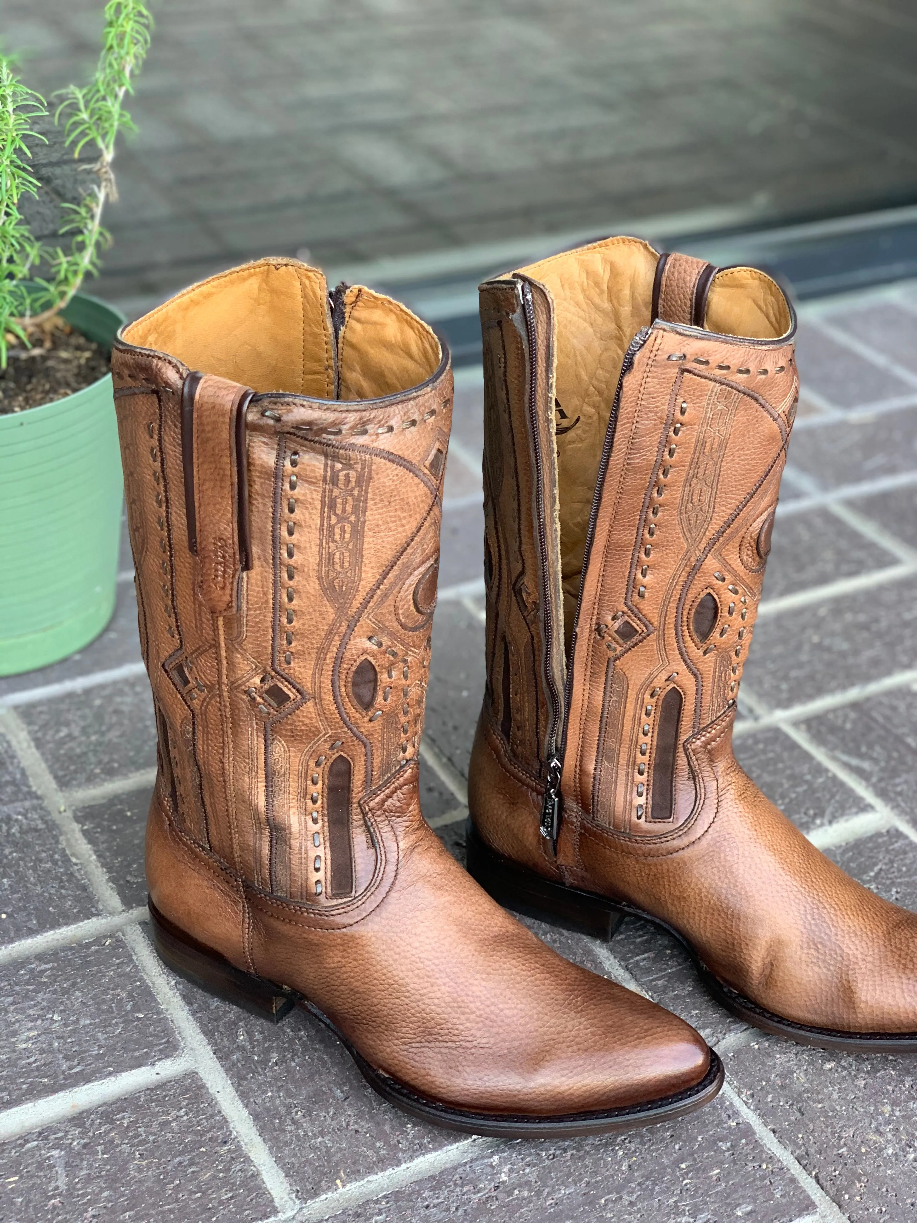 Cuadra Almond Deer With Side Zipper Semi Oval Toe Cowboy Boots