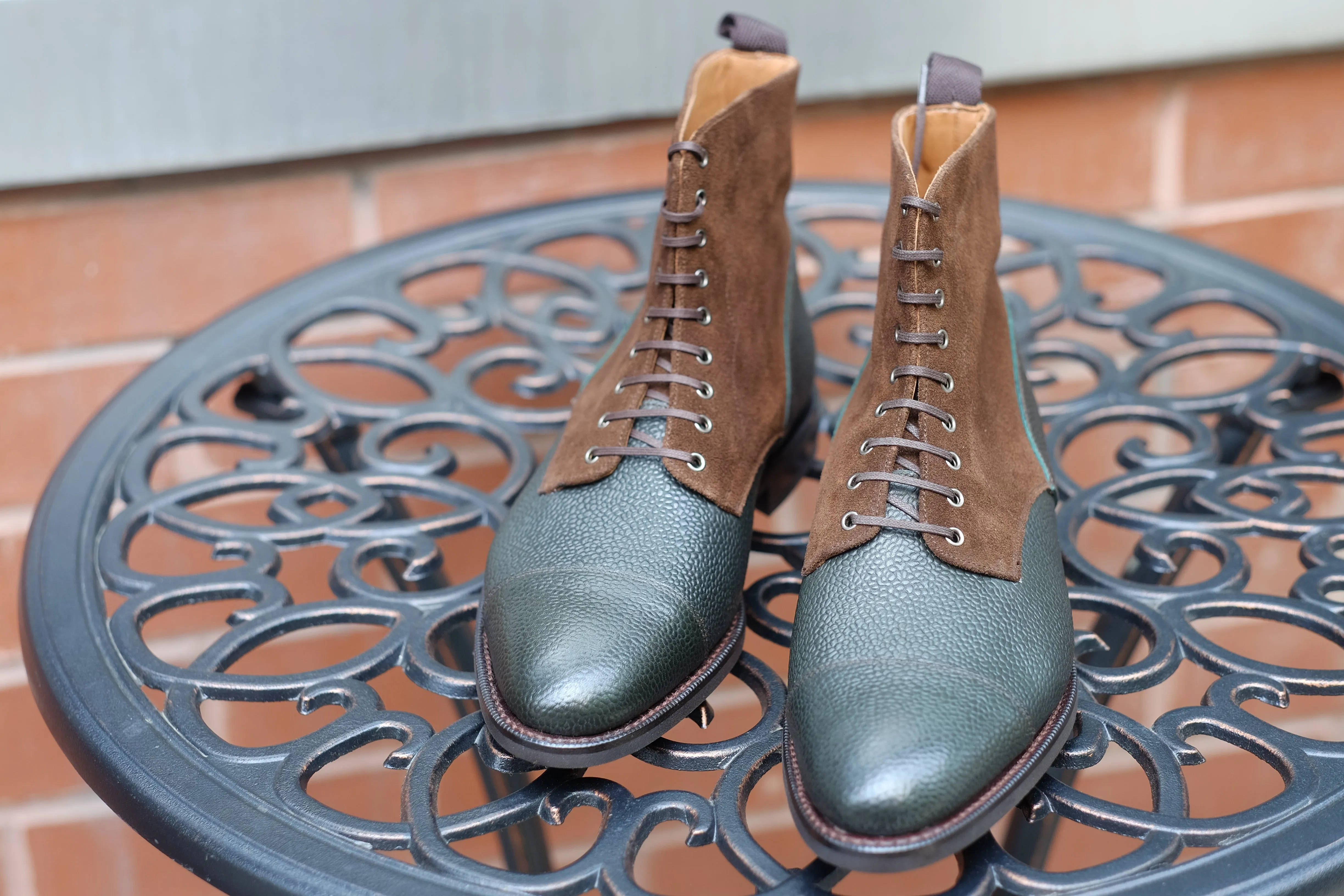 Delridge - MTO - Dark Green Grain / Dark Brown Suede - Aged Silver Eyelets (No Speedhooks)- TMG Last - Rugged Rubber Sole