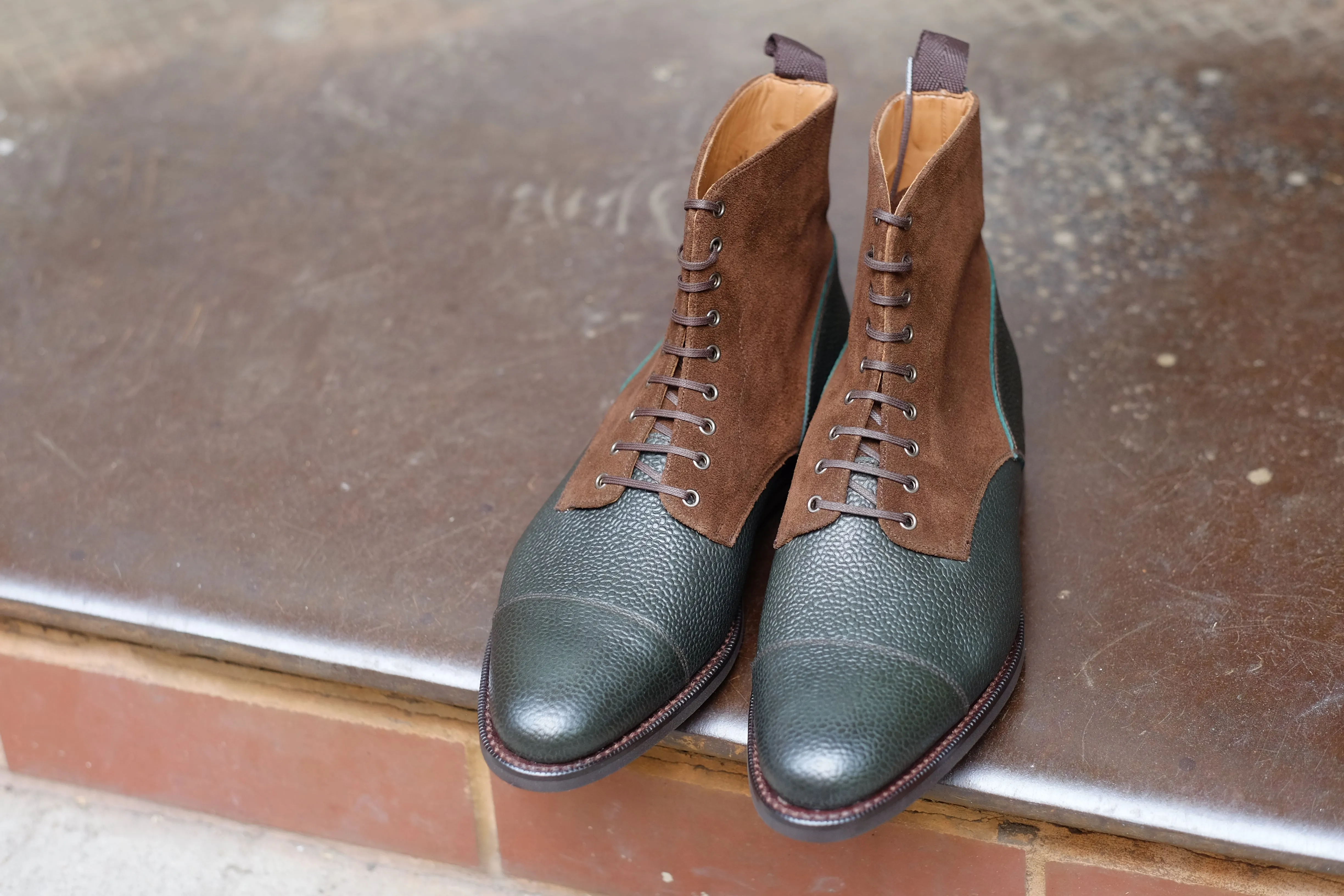 Delridge - MTO - Dark Green Grain / Dark Brown Suede - Aged Silver Eyelets (No Speedhooks)- TMG Last - Rugged Rubber Sole