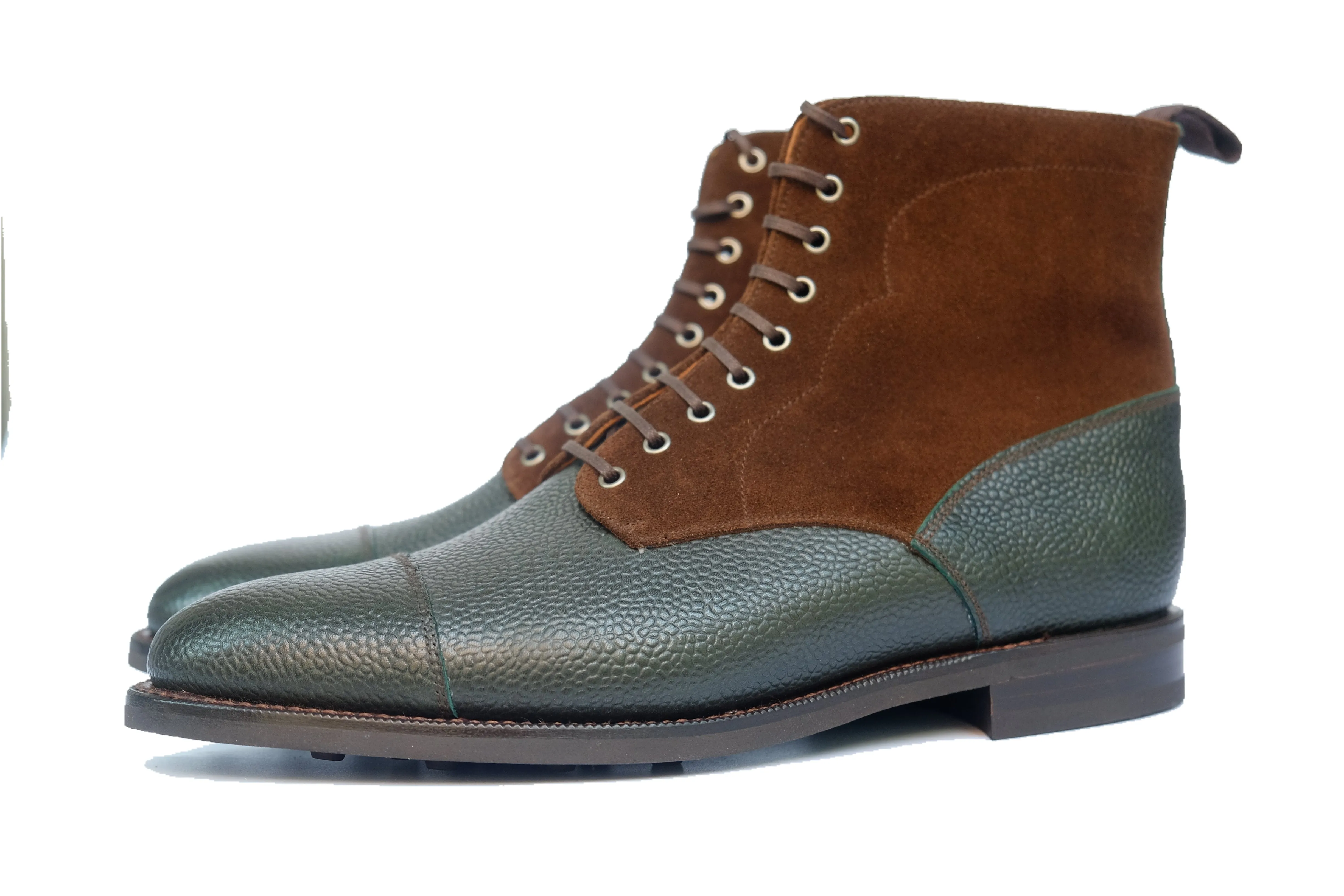 Delridge - MTO - Dark Green Grain / Dark Brown Suede - Aged Silver Eyelets (No Speedhooks)- TMG Last - Rugged Rubber Sole