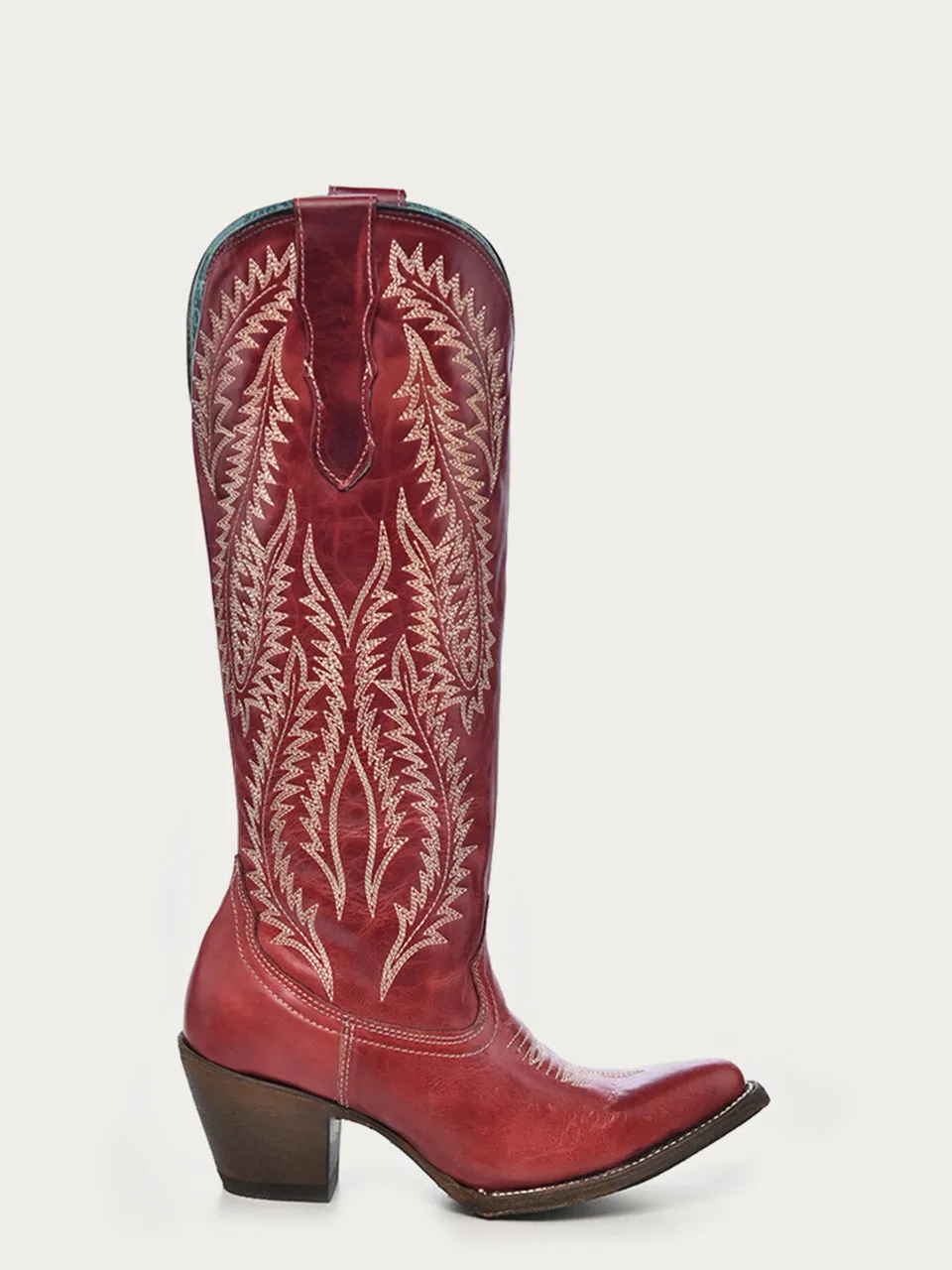 E1318 - WOMEN'S EMBROIDERY RED TALL TOP SNIP TOE COWBOY BOOT