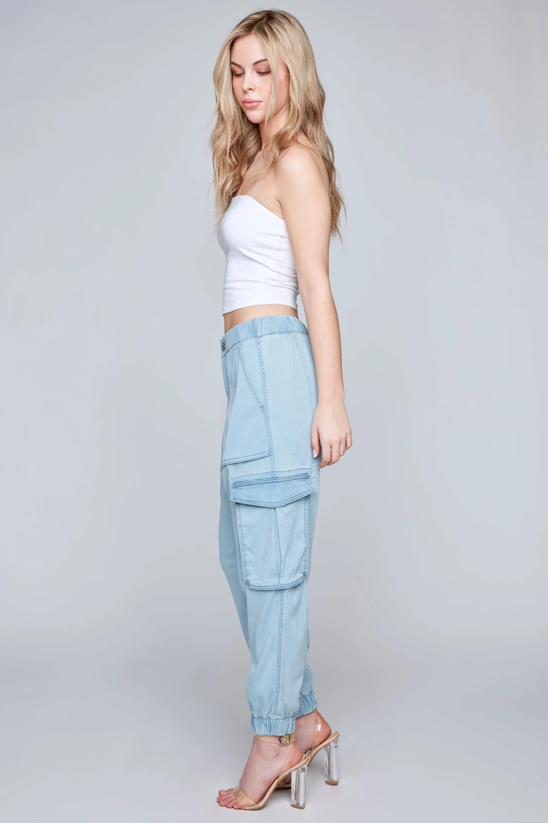 MARISA - High Rise Lightweight Drop Crotch Cargo Jogger - Light Blue Bleach Lyocell Denim