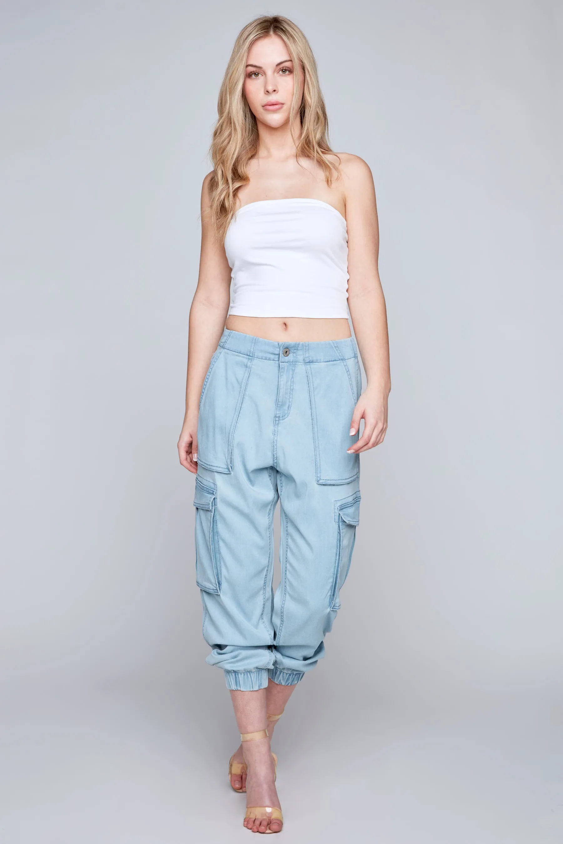 MARISA - High Rise Lightweight Drop Crotch Cargo Jogger - Light Blue Bleach Lyocell Denim