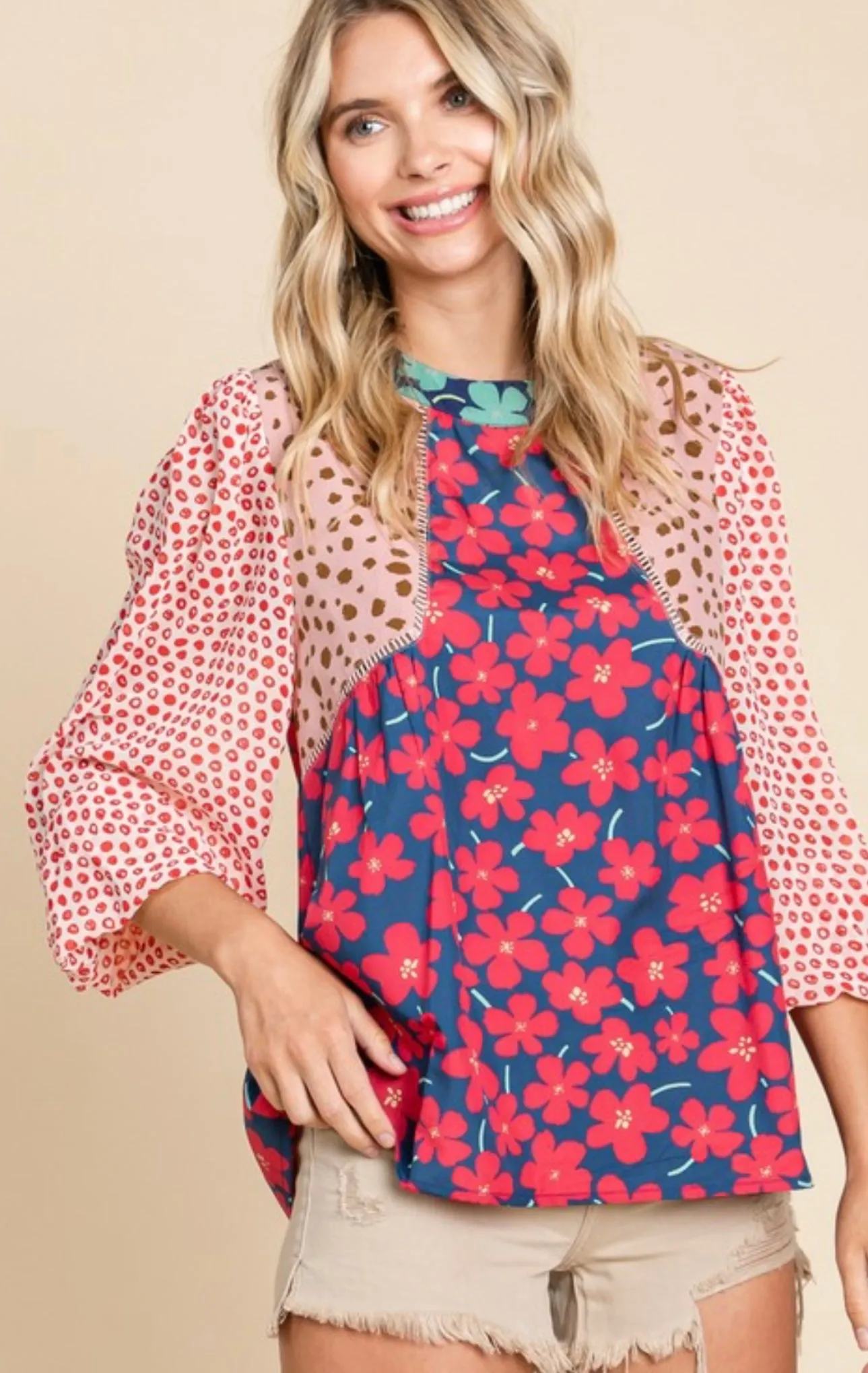 Mixed print poet sleeve top