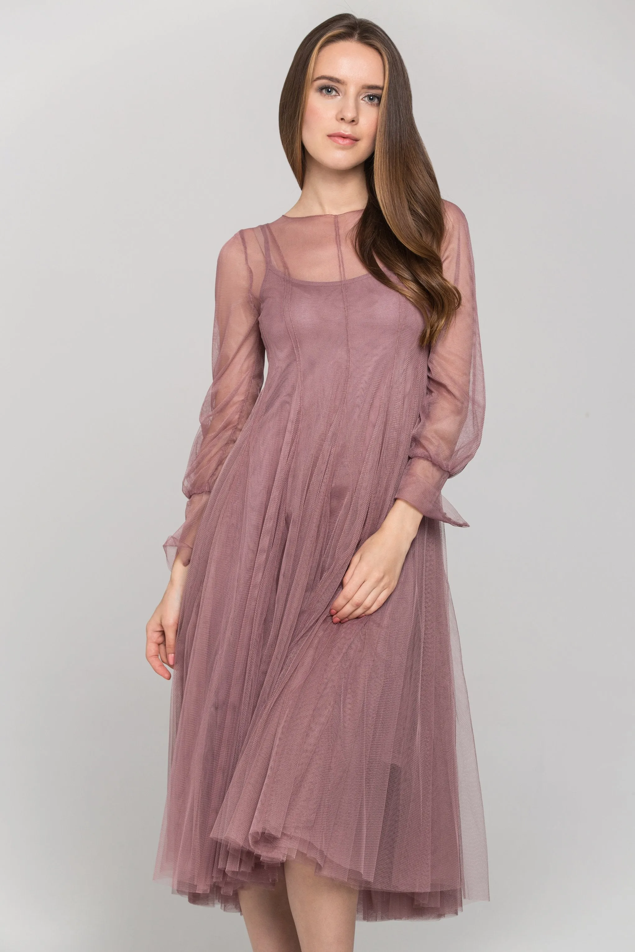 Nude Sheer Soft Tulle Layered Midi Dress